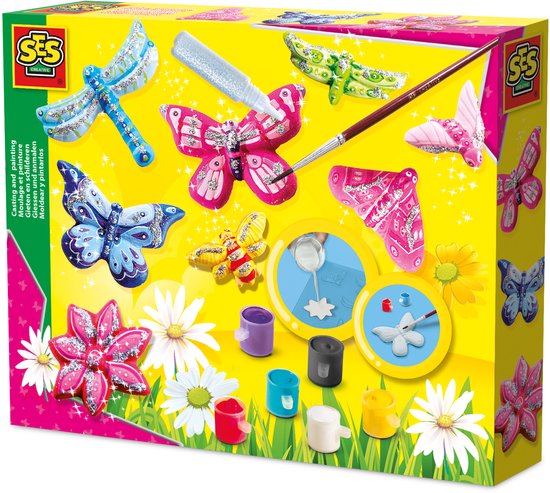 Knutseldoos met giet- en schildermateriaal voor vlinders en libellen met glitters en verf.