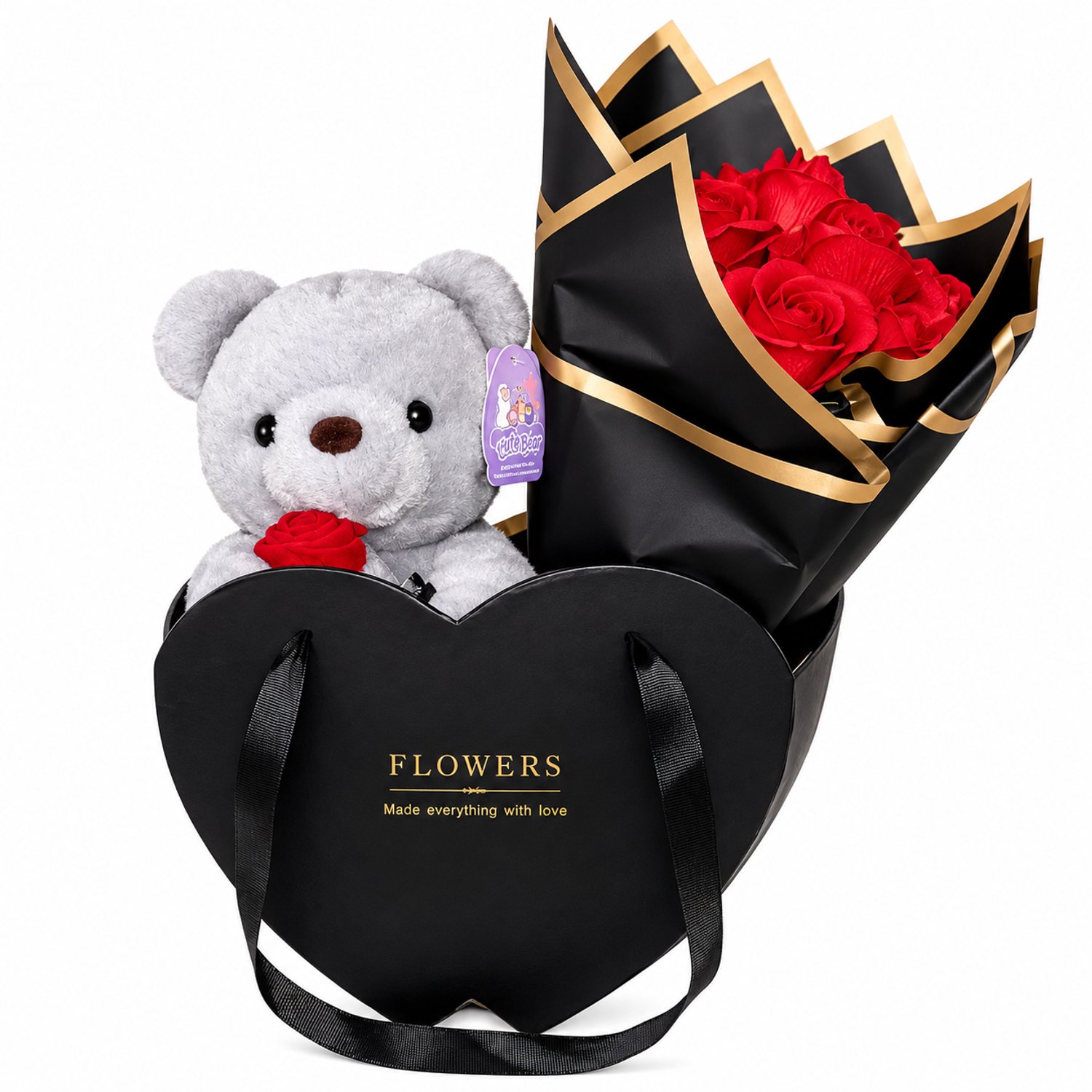 Nina’s Giftshop® Valentijn Cadeau Haar – Teddybeer met Rode Rozen - Cadeau voor Vrouw - Moederdagcadeau