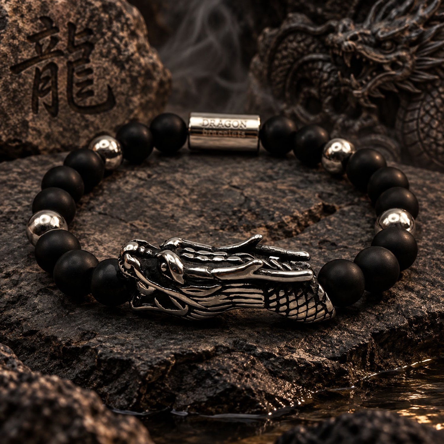 Dragon Bracelets® - Draken Armband - Heren - Zwart Natuursteen - RVS Draak