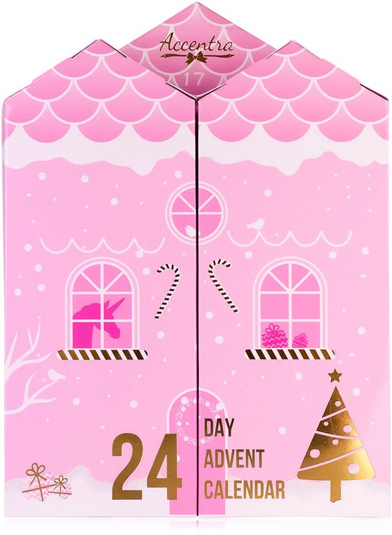 Un calendrier de l'avent rose en forme de maison, décoré d'une licorne, d'un sapin et de détails dorés.