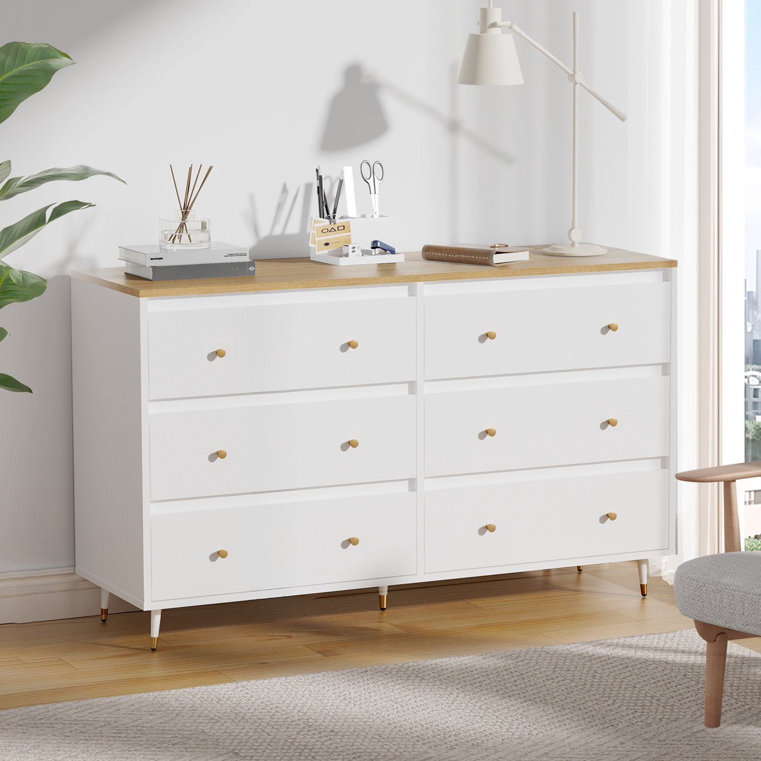 Lexzurn Ladekast 6 lades - Natuurhoutkleur - massief houten ecoplaat - opbergkast voor de slaapkamer