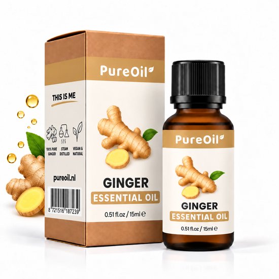 Flesje Gember etherische olie van PureOil met een afbeelding van gemberwortels en de tekst 'GINGER ESSENTIAL OIL'.