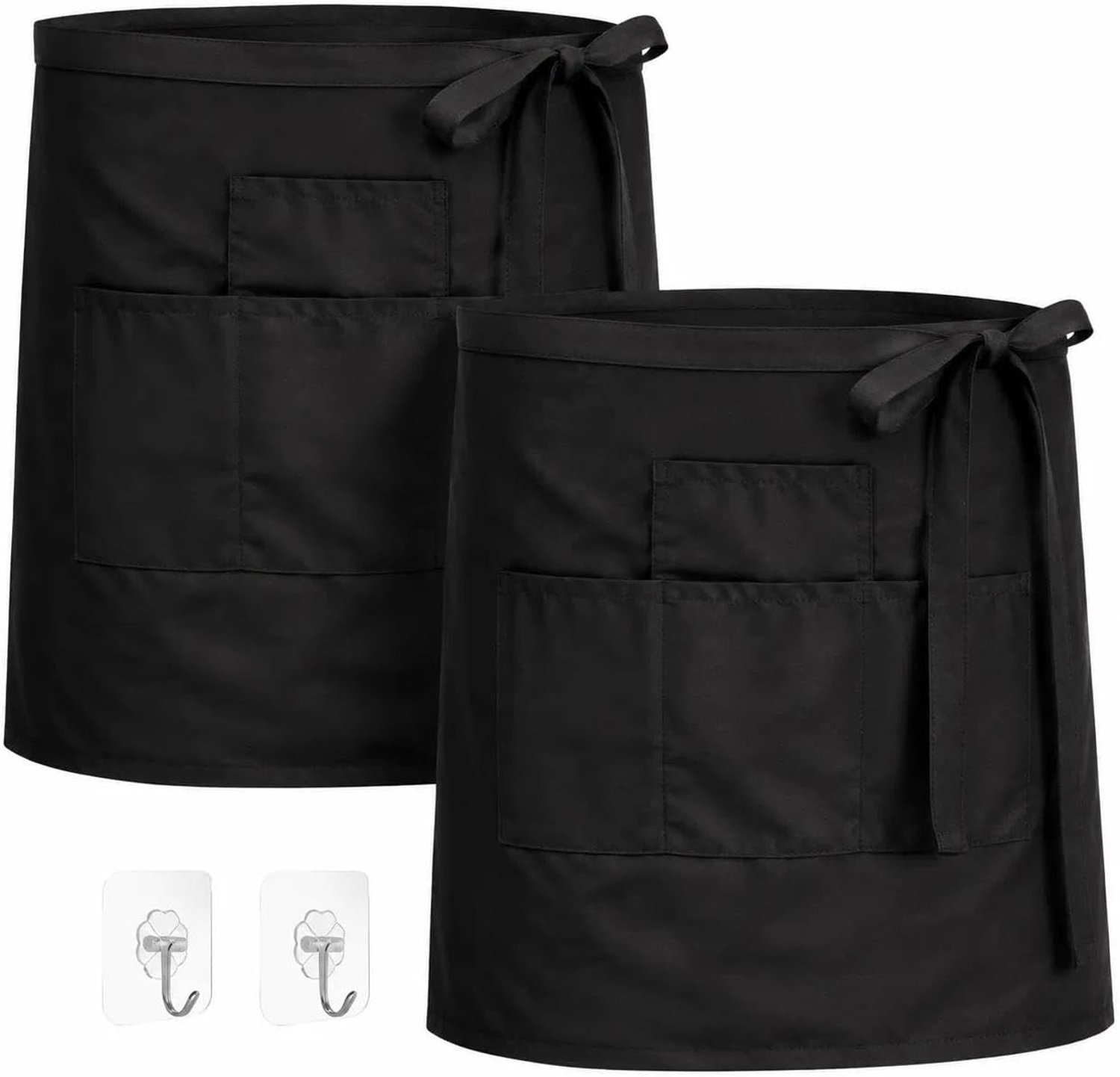 Verstelbare zwarte schort met zakken voor bediening, 2 stuks met haken, 55 x 80 cm, waterdicht en geschikt voor restaurant, bar en kapperszaken