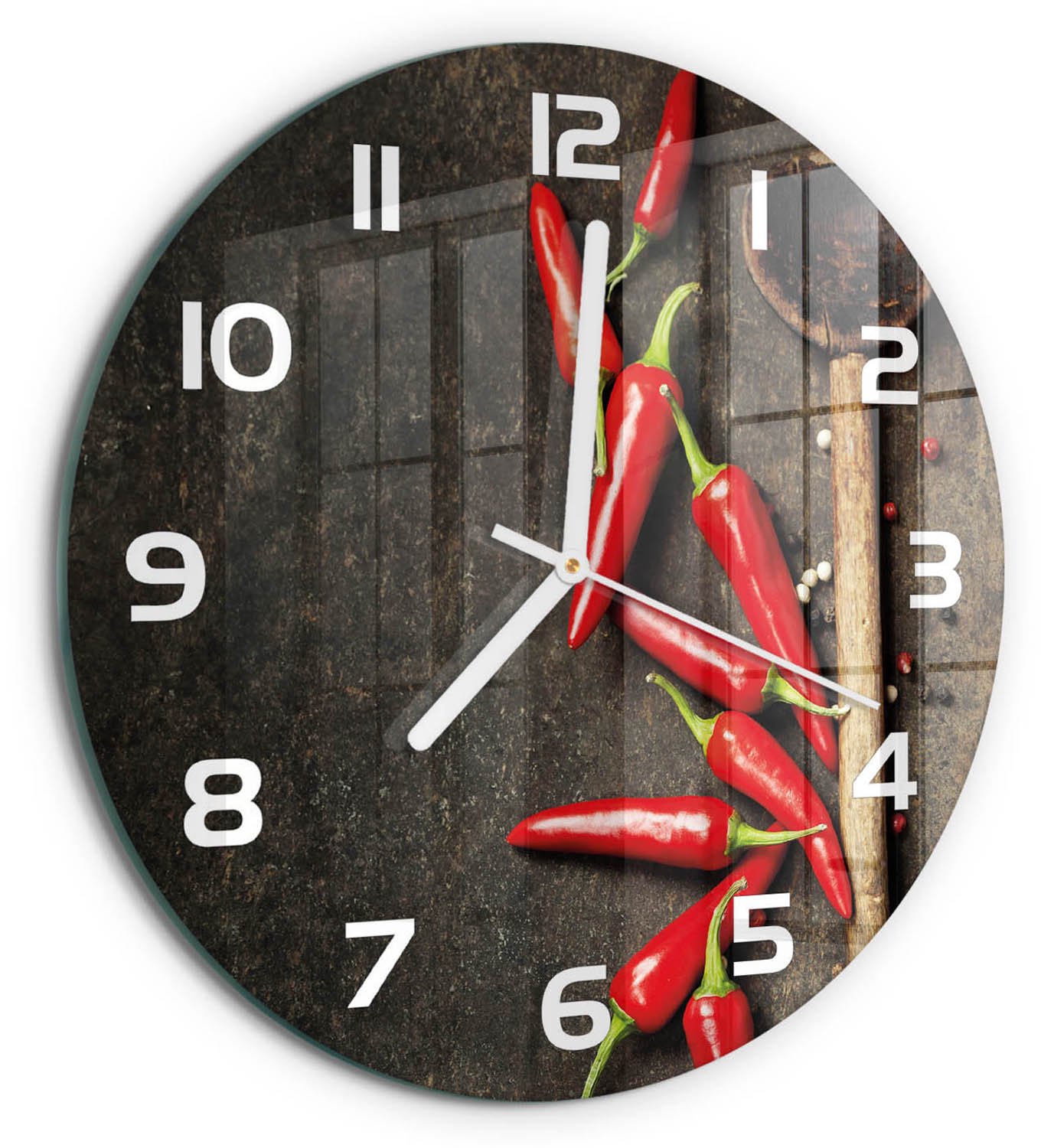 TULUP Wandklok - Chilipepers Moderne Wandklok Glas - fi30 cm - Rood Wandklok Glas Decoratie - Witte handen - Ronde Klok - Glazen Wandklok Design - Klok Glas Met Opdruk