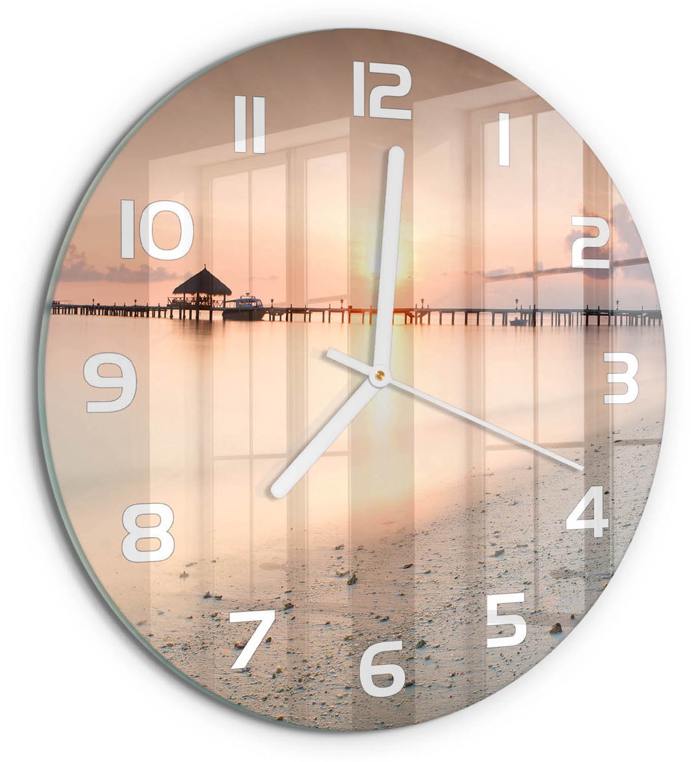 TULUP Wandklok - Strand van de Malediven Klok Glas Met Opdruk - fi30 cm - Veelkleurig Moderne Wandklok Glas - Witte handen - Ronde Klok - Decoratieve Glazen Klok - Glazen Wandklok Design