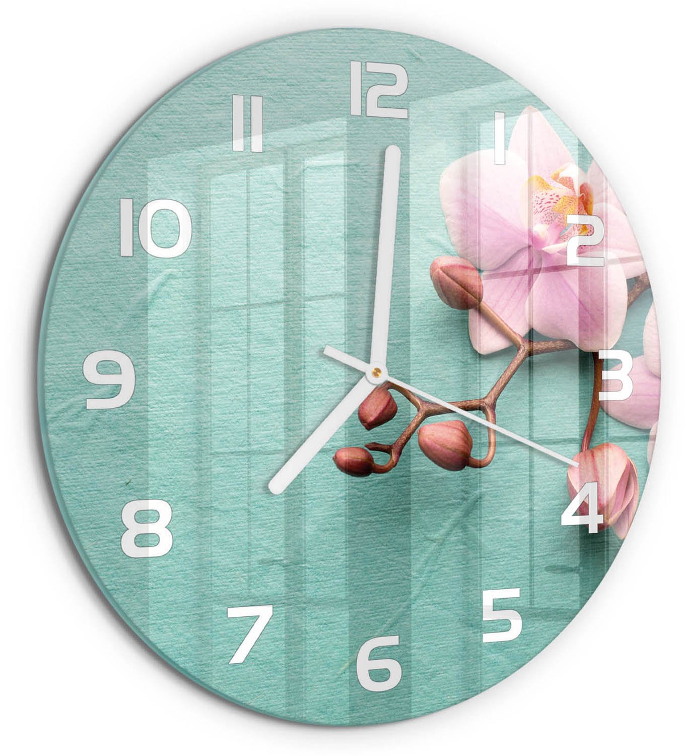 TULUP Wandklok - Orchidee Wandklok Glas Met Motief - fi30 cm - Roze Decoratieve Glazen Klok - Witte handen - Ronde Klok - Gekleurde Glazen Klok - Glazen Klok Met Print