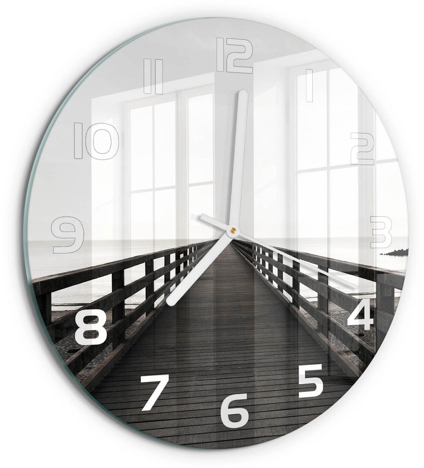 TULUP Wandklok - Houten brug Glazen Wandklok Design - fi30 cm - Zwart-wit Klok Glas Met Opdruk - Witte handen - Ronde Klok - Wandklok Glas Met Motief - Decoratieve Glazen Klok