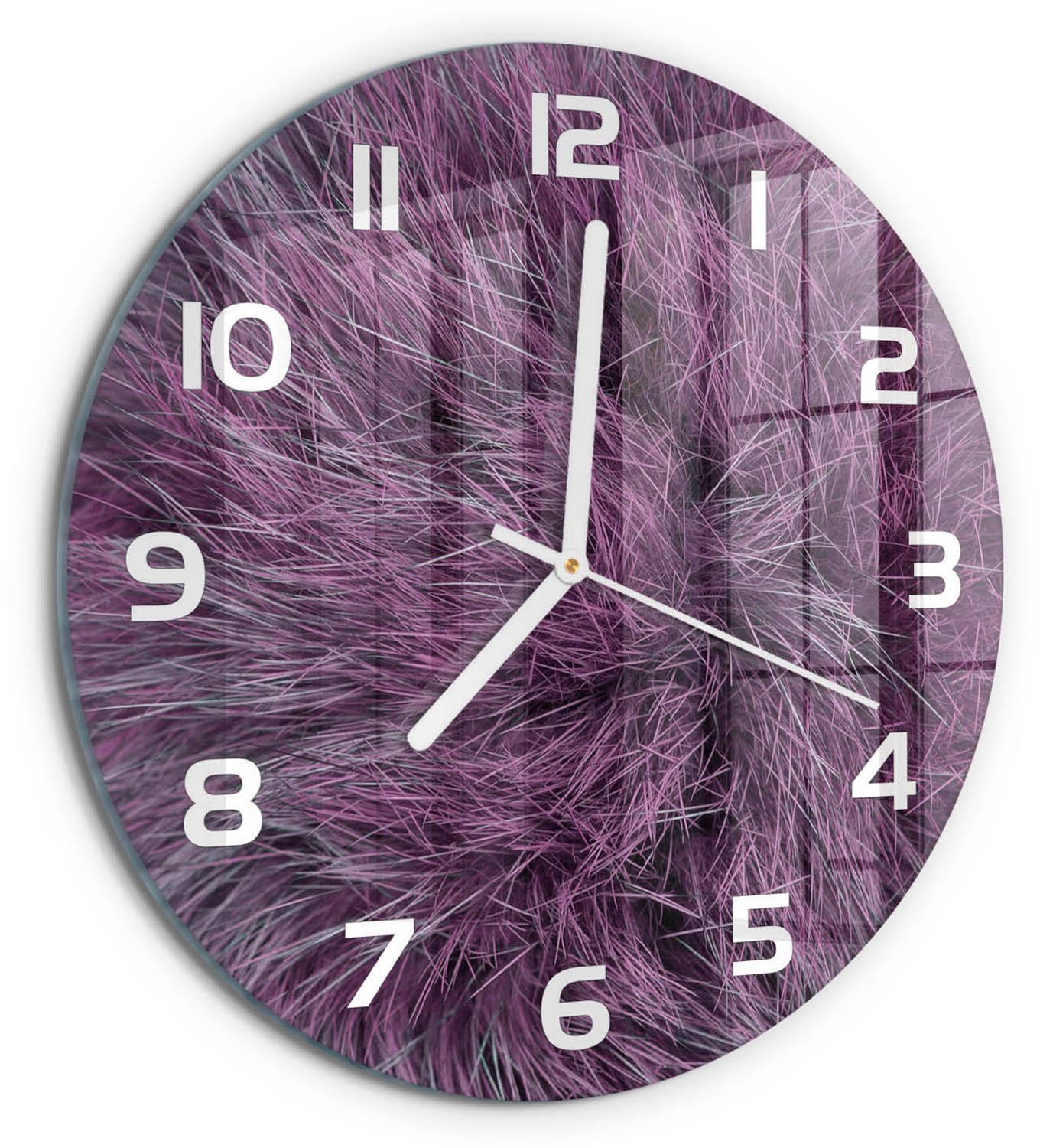 TULUP Wandklok - Roze bont Moderne Wandklok Glas - fi30 cm - Roze Wandklok Glas Decoratie - Witte handen - Ronde Klok - Glazen Wandklok Design - Klok Glas Met Opdruk