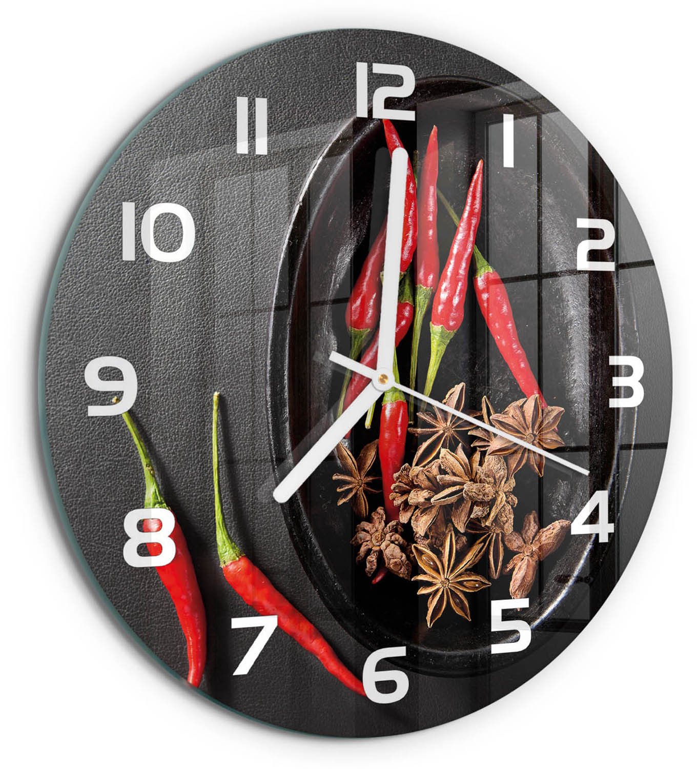 TULUP Wandklok - Chilipepers Klok Glas Met Opdruk - fi30 cm - Rood Moderne Wandklok Glas - Witte handen - Ronde Klok - Decoratieve Glazen Klok - Glazen Wandklok Design