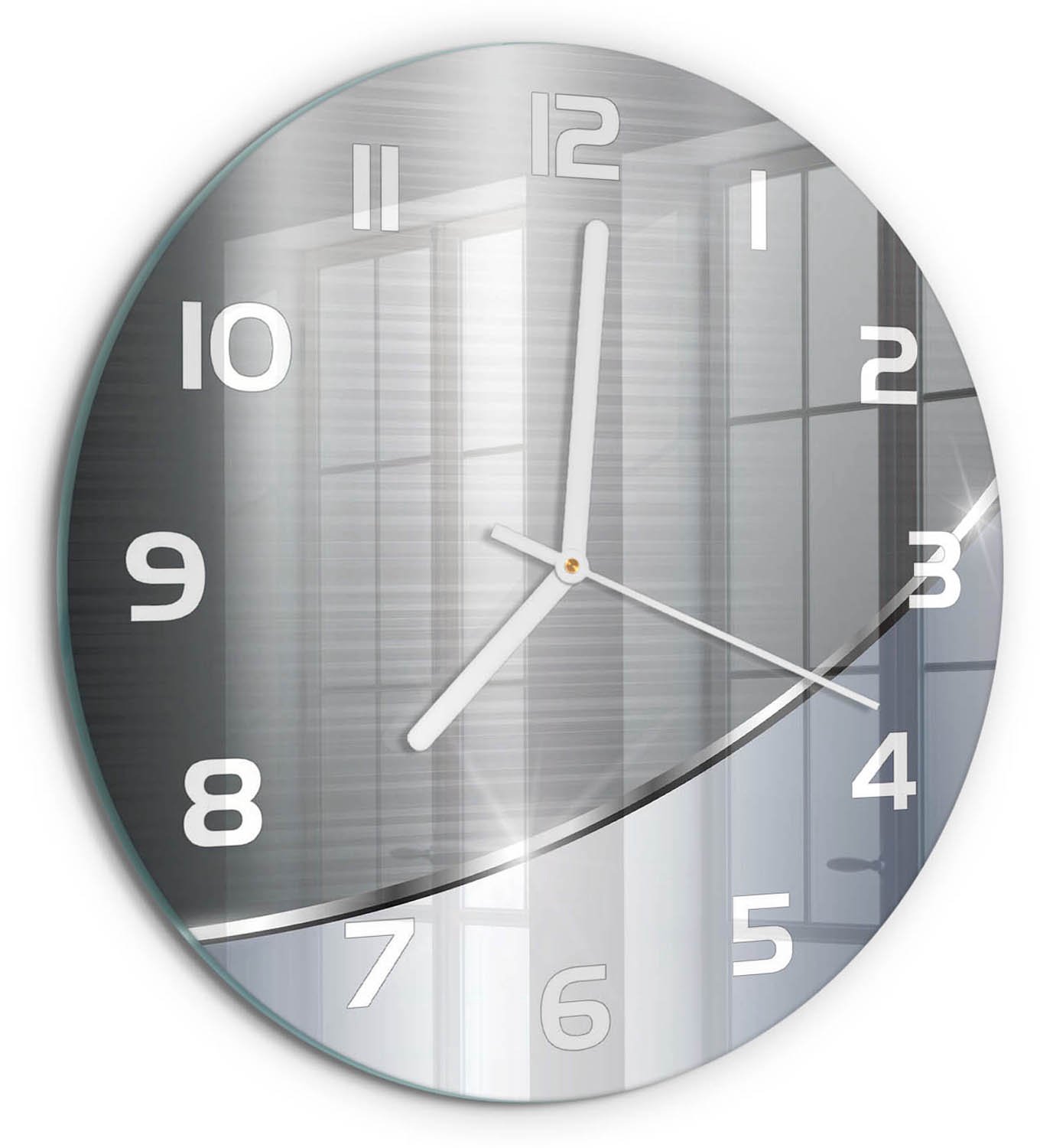 TULUP Wandklok - Metaalabstractie Decoratieve Glazen Klok - fi30 cm - Zilver Glazen Wandklok Design - Witte handen - Ronde Klok - Glazen Klok Met Print - Wandklok Glas Met Motief