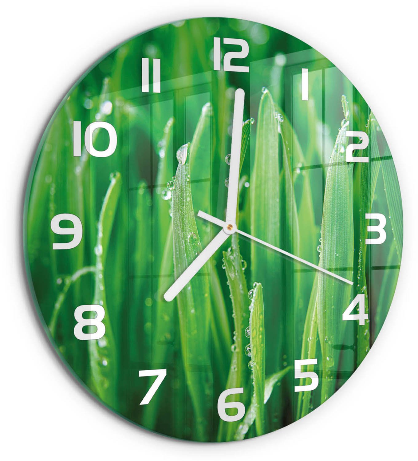 TULUP Wandklok - Gras Klok Glas Met Opdruk - fi30 cm - Groente Moderne Wandklok Glas - Witte handen - Ronde Klok - Decoratieve Glazen Klok - Glazen Wandklok Design