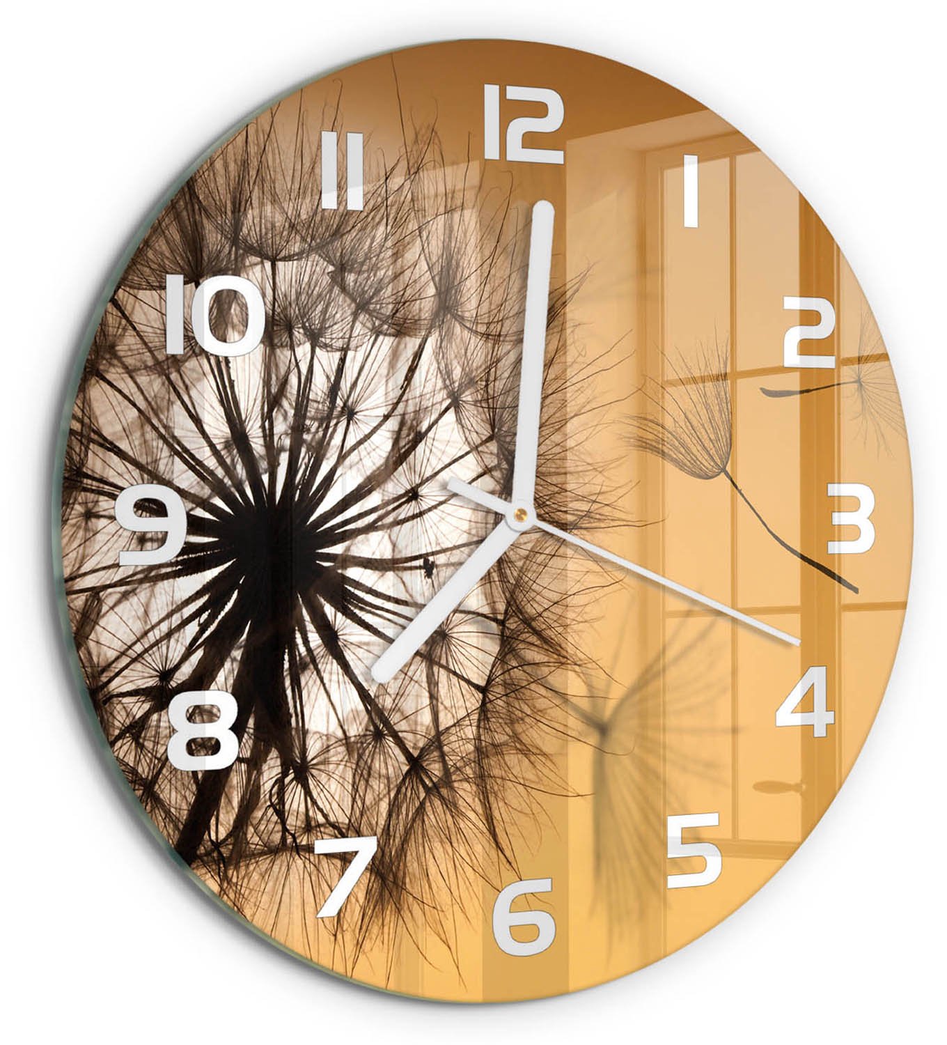 TULUP Wandklok - Paardebloem Wandklok Glas Met Motief - fi30 cm - Oranje Decoratieve Glazen Klok - Witte handen - Ronde Klok - Gekleurde Glazen Klok - Glazen Klok Met Print