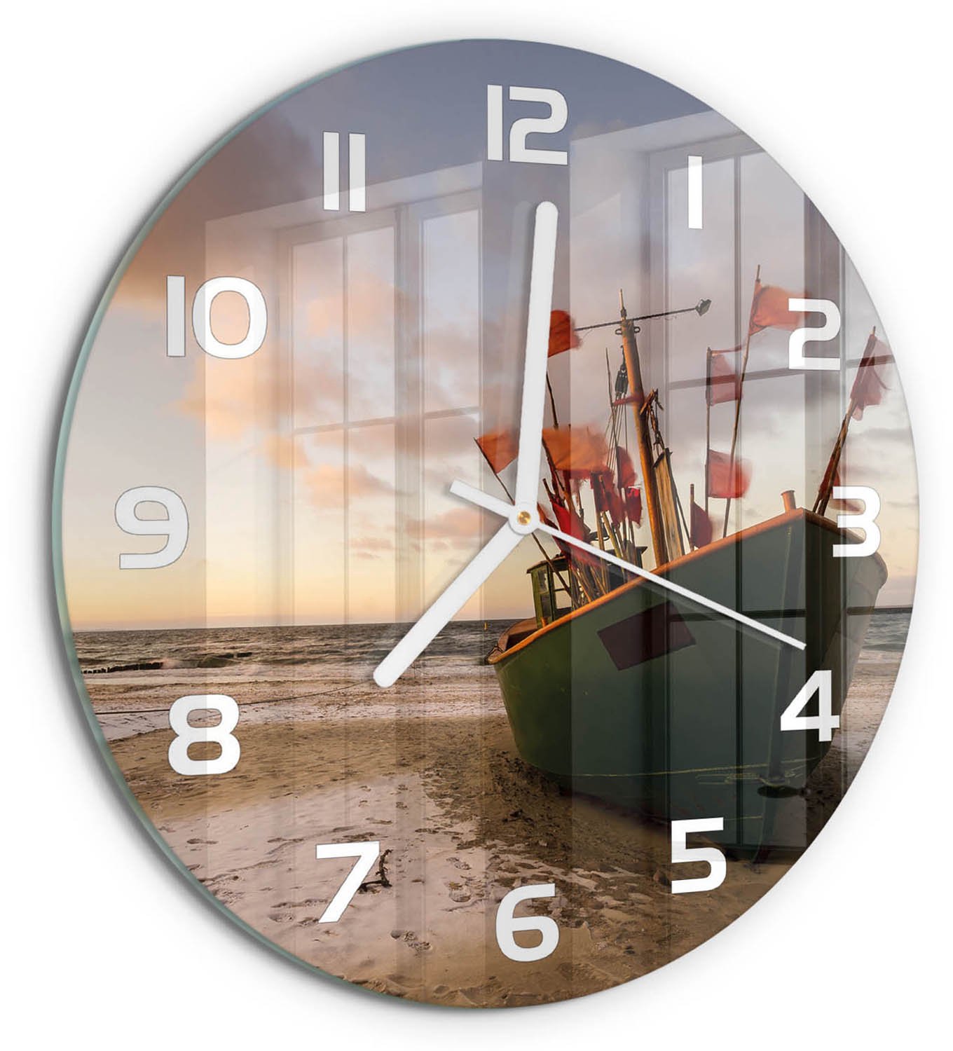 TULUP Wandklok - Strand met vissersboten Wandklok Glas Decoratie - fi30 cm - Groente Gekleurde Glazen Klok - Witte handen - Ronde Klok - Klok Glas Met Opdruk - Moderne Wandklok Glas