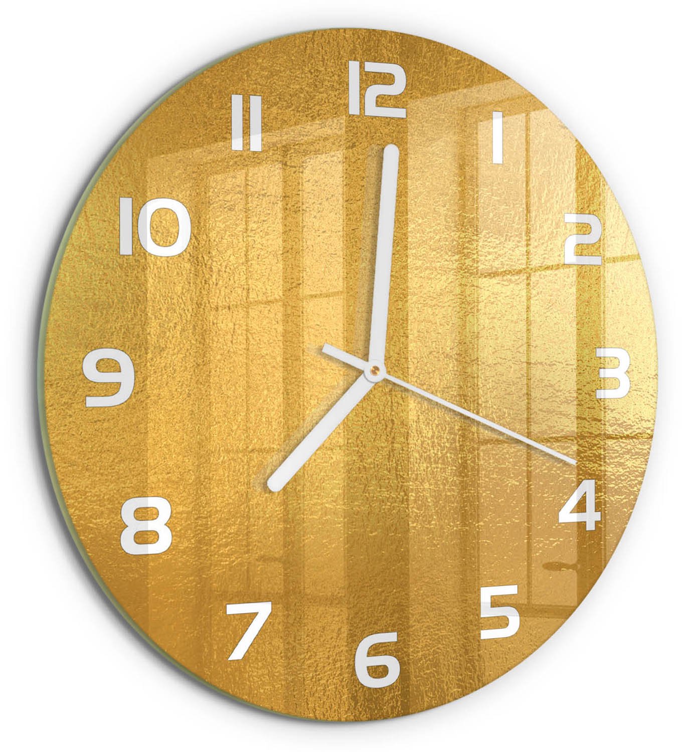 TULUP Wandklok - Achtergrond van goudfolie Moderne Wandklok Glas - fi30 cm - Gouden Wandklok Glas Decoratie - Witte handen - Ronde Klok - Glazen Wandklok Design - Klok Glas Met Opdruk