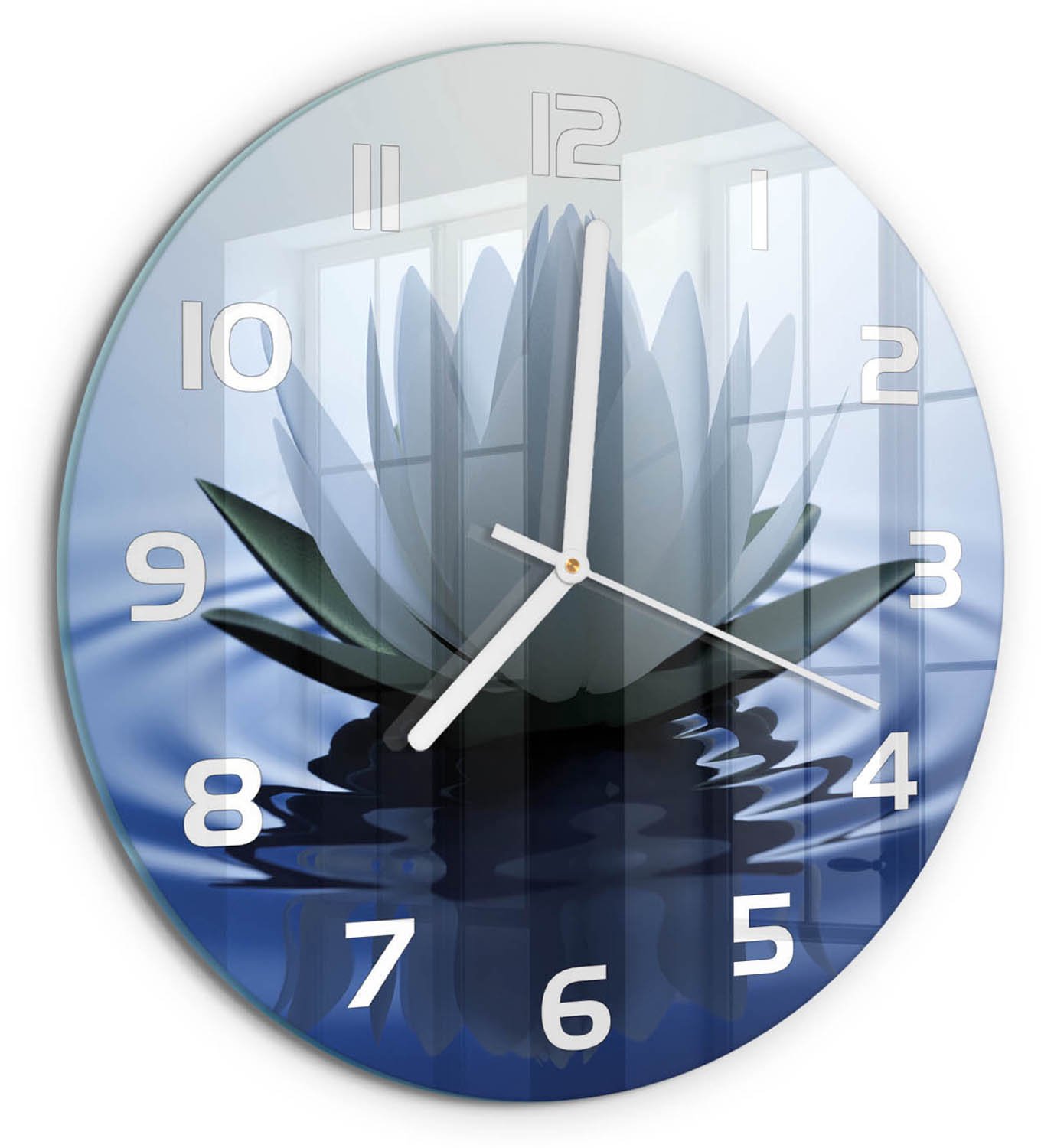 TULUP Wandklok - Waterlelie Decoratieve Glazen Klok - fi30 cm - Blauw Glazen Wandklok Design - Witte handen - Ronde Klok - Glazen Klok Met Print - Wandklok Glas Met Motief