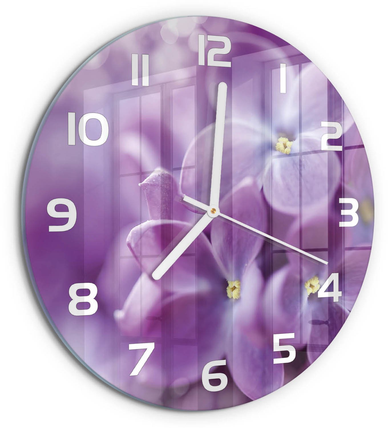 TULUP Wandklok - Paarse bloemen Decoratieve Glazen Klok - fi30 cm - Paars Glazen Wandklok Design - Witte handen - Ronde Klok - Glazen Klok Met Print - Wandklok Glas Met Motief