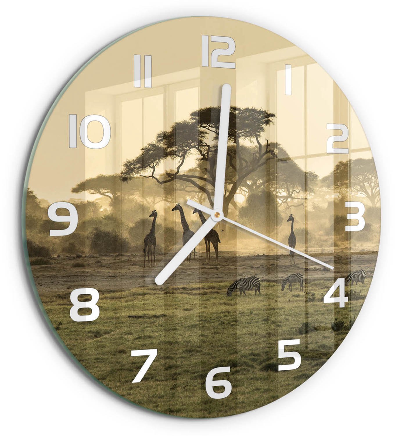 TULUP Wandklok - Giraffen in de savanne Moderne Wandklok Glas - fi30 cm - Beige Wandklok Glas Decoratie - Witte handen - Ronde Klok - Glazen Wandklok Design - Klok Glas Met Opdruk