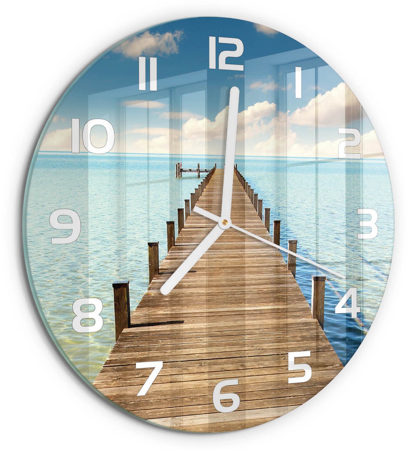 TULUP Wandklok - Houten brug Gekleurde Glazen Klok - fi30 cm - Blauw Glazen Klok Met Print - Witte handen - Ronde Klok - Moderne Wandklok Glas - Wandklok Glas Decoratie