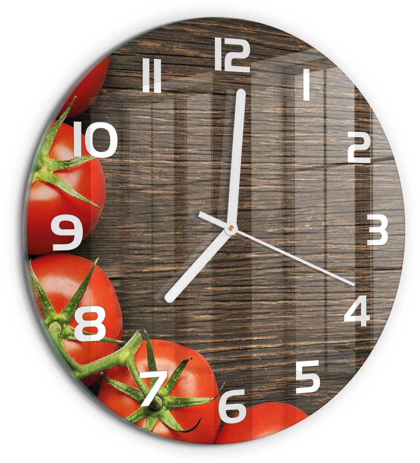 TULUP Wandklok - Tomaten op hout Wandklok Glas Decoratie - fi30 cm - Rood Gekleurde Glazen Klok - Witte handen - Ronde Klok - Klok Glas Met Opdruk - Moderne Wandklok Glas