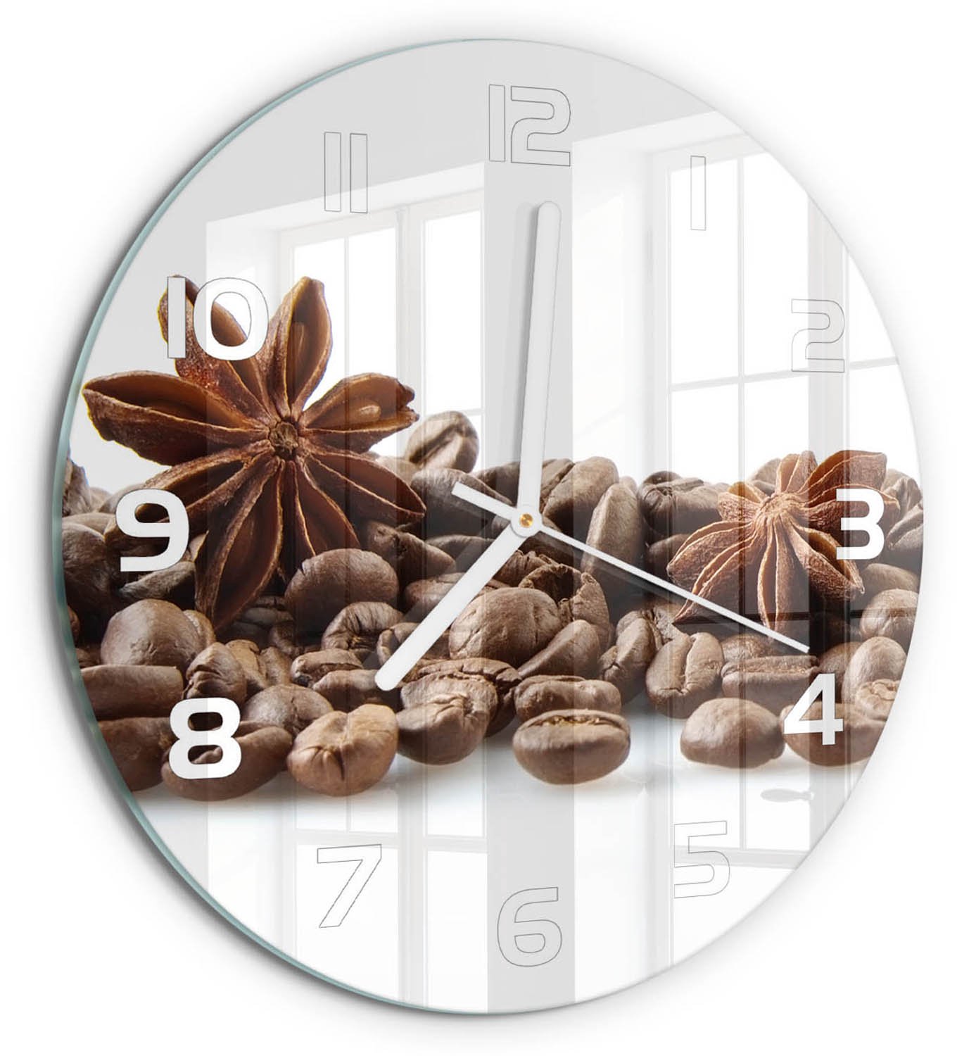 TULUP Wandklok - Kaneelkorrels Glazen Klok Met Print - fi30 cm - Bruin Wandklok Glas Met Motief - Witte handen - Ronde Klok - Wandklok Glas Decoratie - Gekleurde Glazen Klok