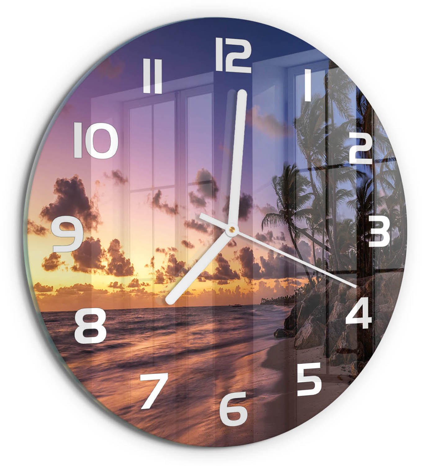 TULUP Wandklok - Weststrand Klok Glas Met Opdruk - fi30 cm - Geel Moderne Wandklok Glas - Witte handen - Ronde Klok - Decoratieve Glazen Klok - Glazen Wandklok Design