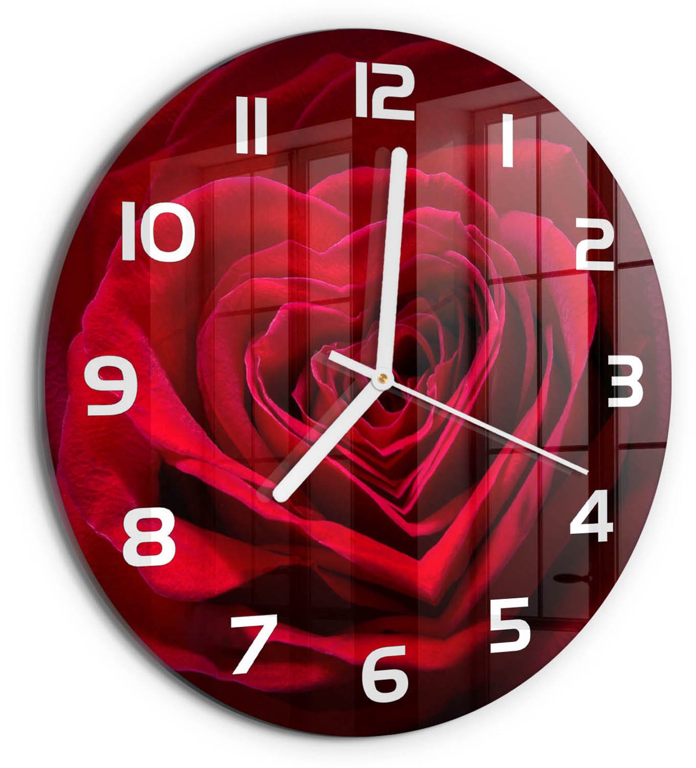 TULUP Wandklok - Rode rozenhart Glazen Wandklok Design - fi30 cm - Rood Klok Glas Met Opdruk - Witte handen - Ronde Klok - Wandklok Glas Met Motief - Decoratieve Glazen Klok