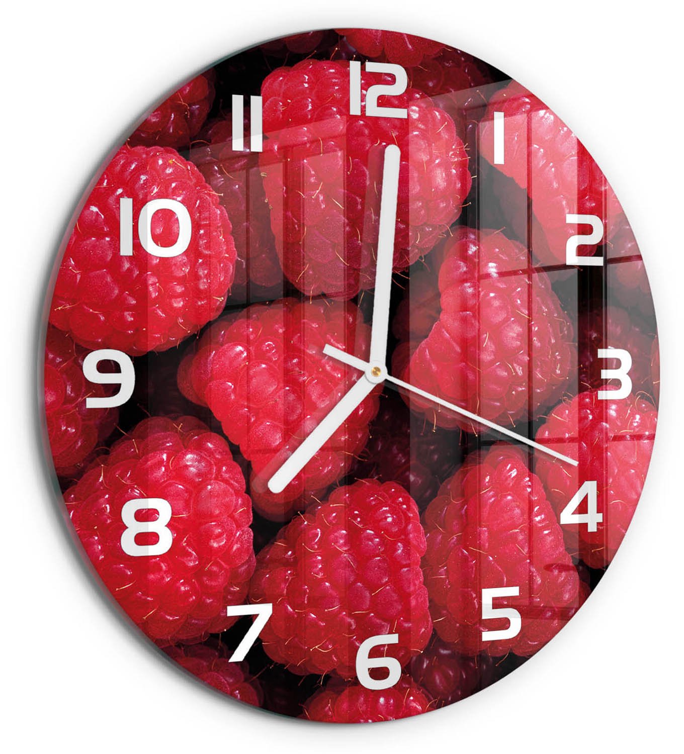TULUP Wandklok - Frambozen Wandklok Glas Decoratie - fi30 cm - Rood Gekleurde Glazen Klok - Witte handen - Ronde Klok - Klok Glas Met Opdruk - Moderne Wandklok Glas
