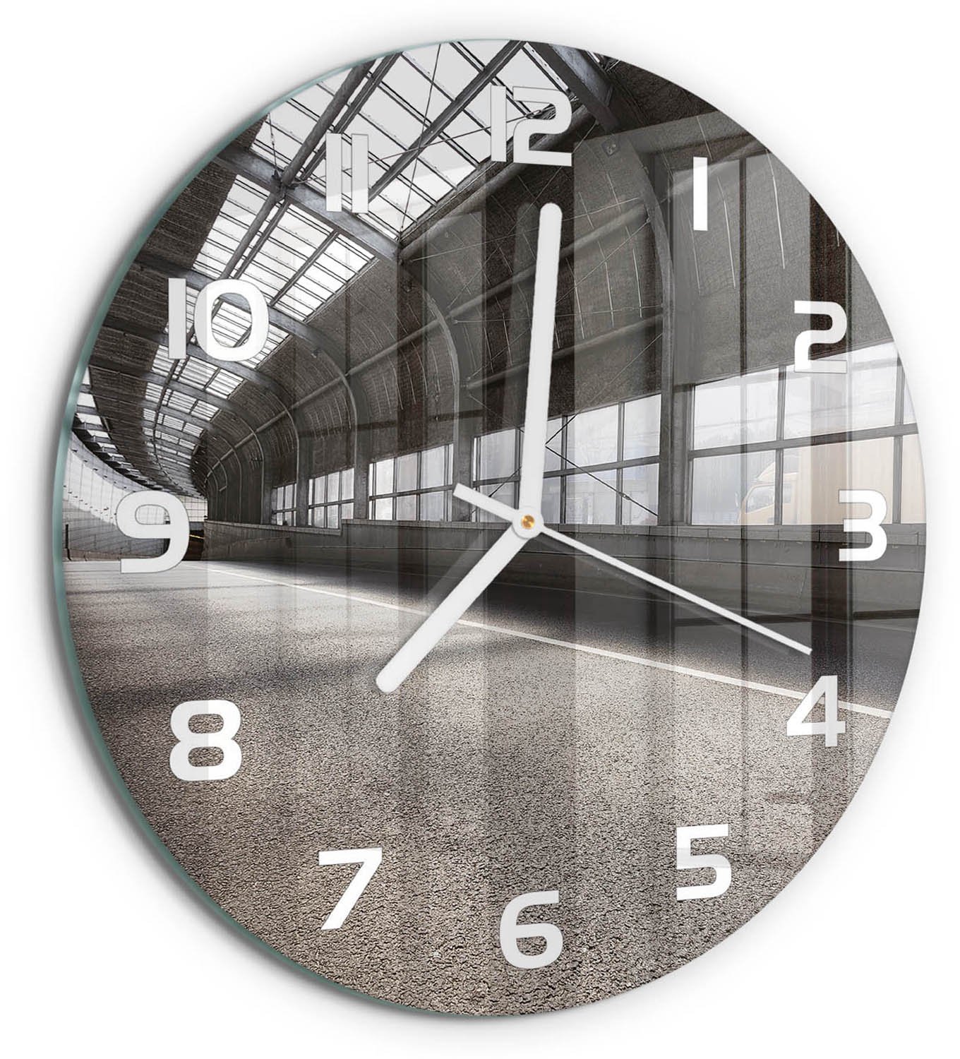 TULUP Wandklok - Straat in de tunnel Wandklok Glas Decoratie - fi30 cm - Grijs Gekleurde Glazen Klok - Witte handen - Ronde Klok - Klok Glas Met Opdruk - Moderne Wandklok Glas