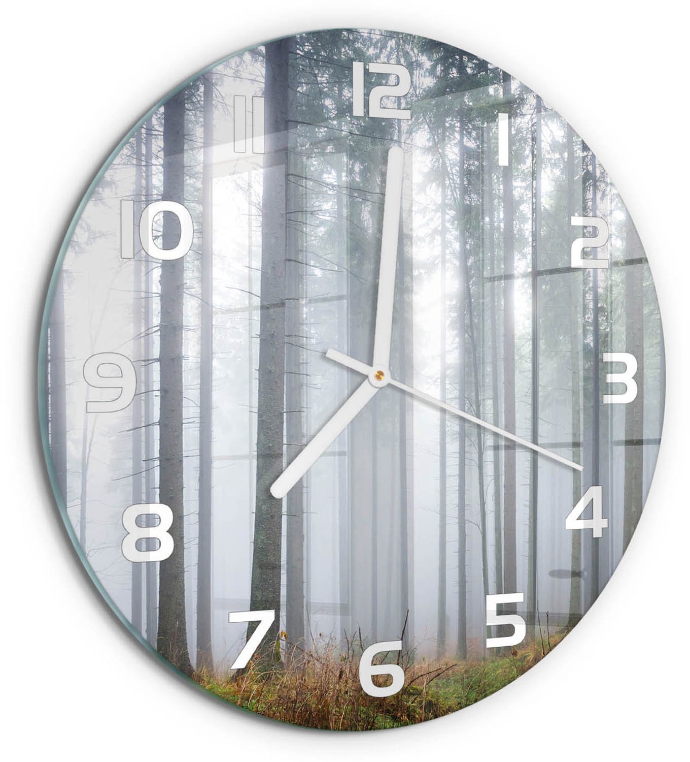 TULUP Wandklok - Mist in het bos Decoratieve Glazen Klok - fi30 cm - Grijs Glazen Wandklok Design - Witte handen - Ronde Klok - Glazen Klok Met Print - Wandklok Glas Met Motief