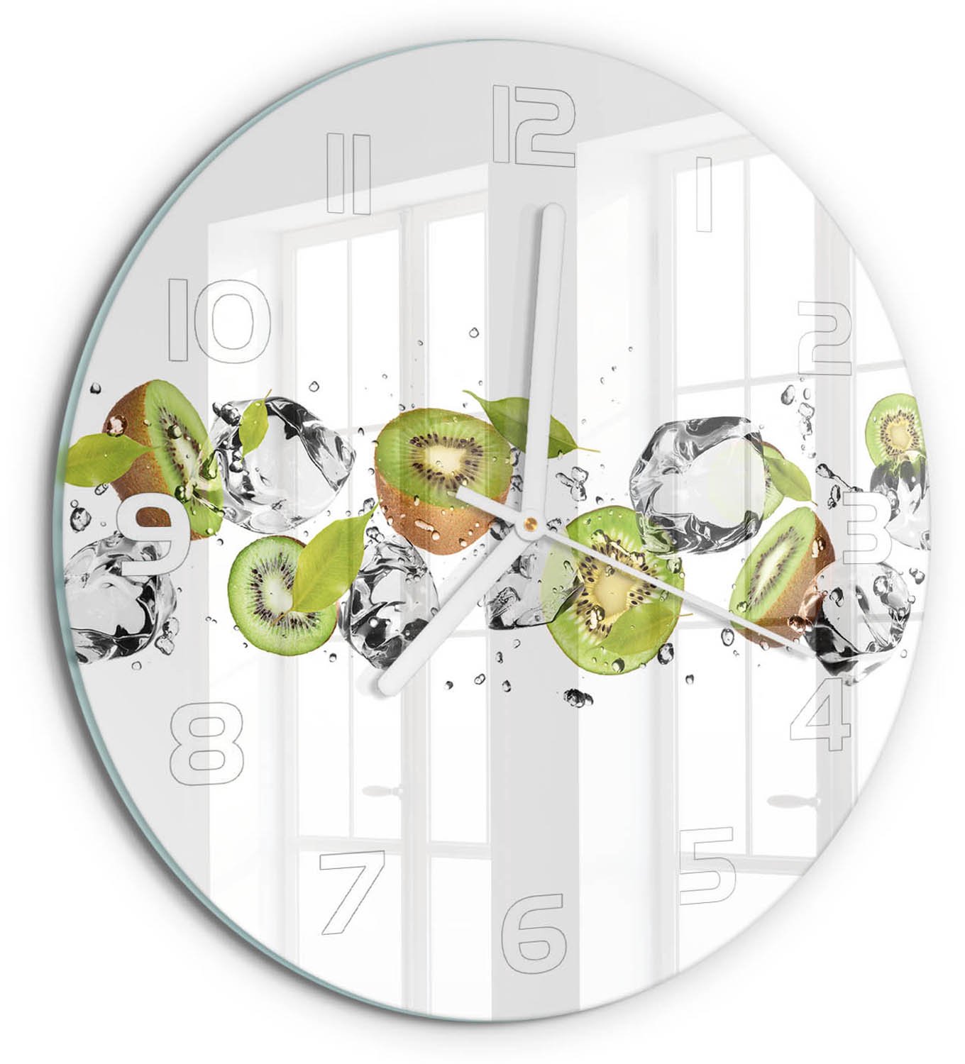 TULUP Wandklok - Kiwi en water Gekleurde Glazen Klok - fi30 cm - Groente Glazen Klok Met Print - Witte handen - Ronde Klok - Moderne Wandklok Glas - Wandklok Glas Decoratie
