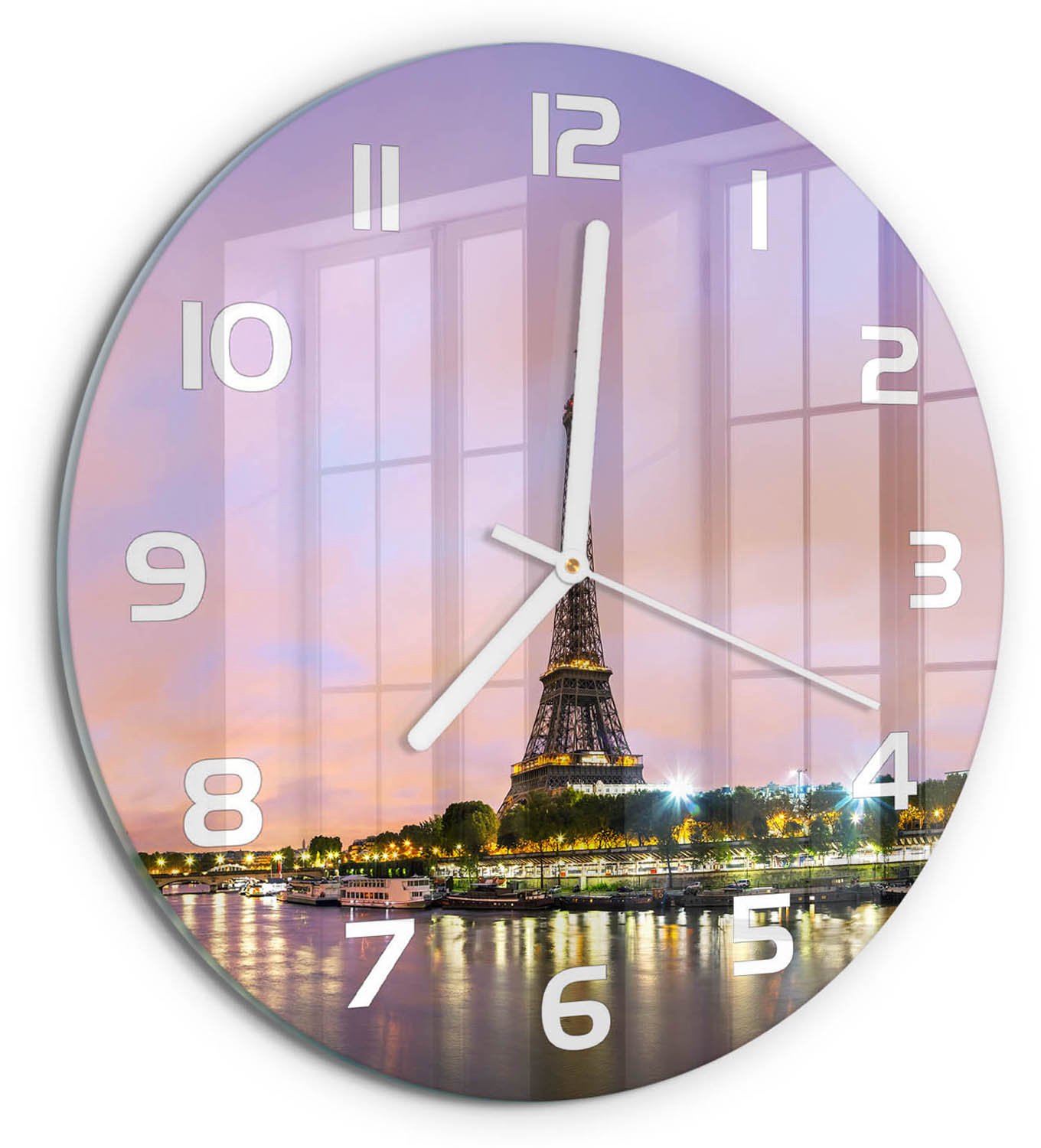TULUP Wandklok - Eiffeltoren Parijs Wandklok Glas Met Motief - fi30 cm - Veelkleurig Decoratieve Glazen Klok - Witte handen - Ronde Klok - Gekleurde Glazen Klok - Glazen Klok Met Print