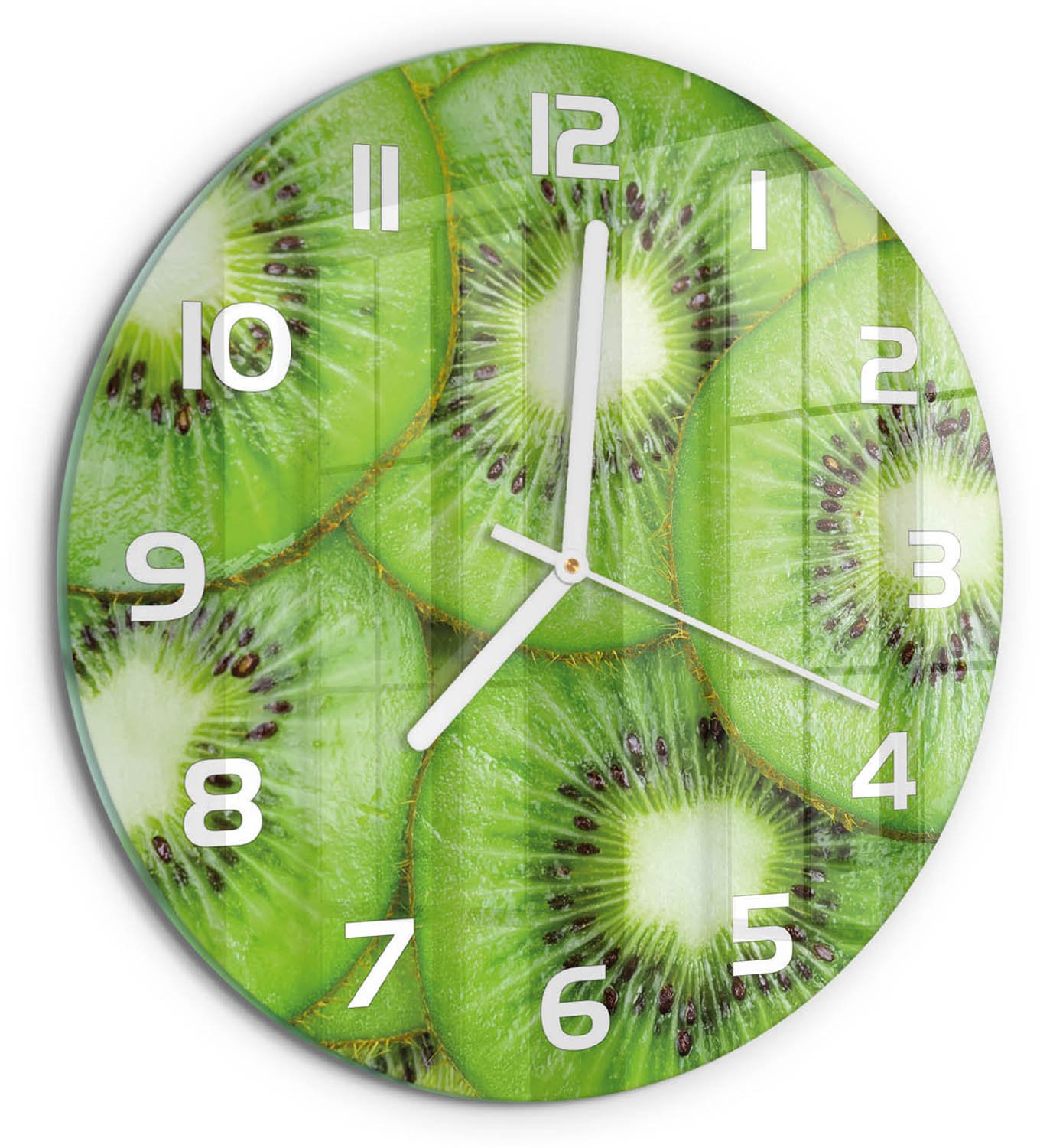 TULUP Wandklok - Kiwi Decoratieve Glazen Klok - fi30 cm - Groente Glazen Wandklok Design - Witte handen - Ronde Klok - Glazen Klok Met Print - Wandklok Glas Met Motief