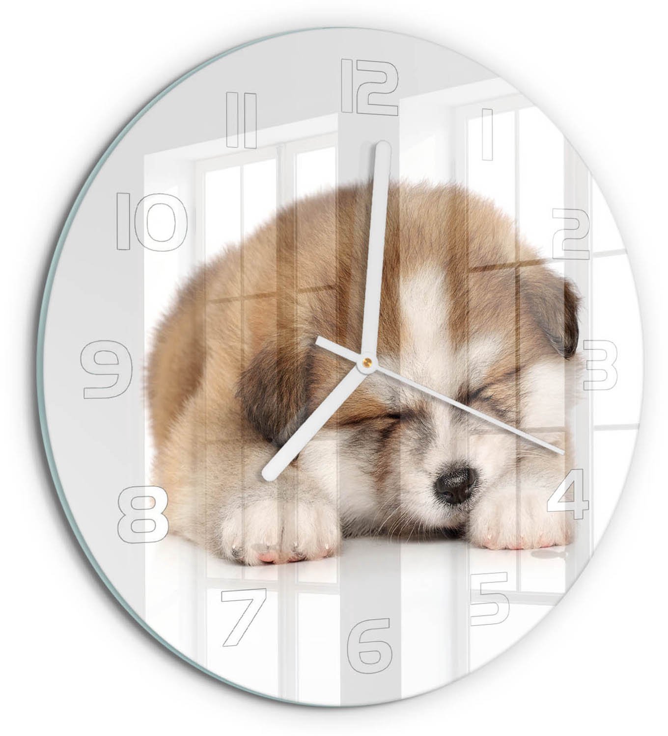 TULUP Wandklok - Akita-puppy Klok Glas Met Opdruk - fi30 cm - Oranje Moderne Wandklok Glas - Witte handen - Ronde Klok - Decoratieve Glazen Klok - Glazen Wandklok Design