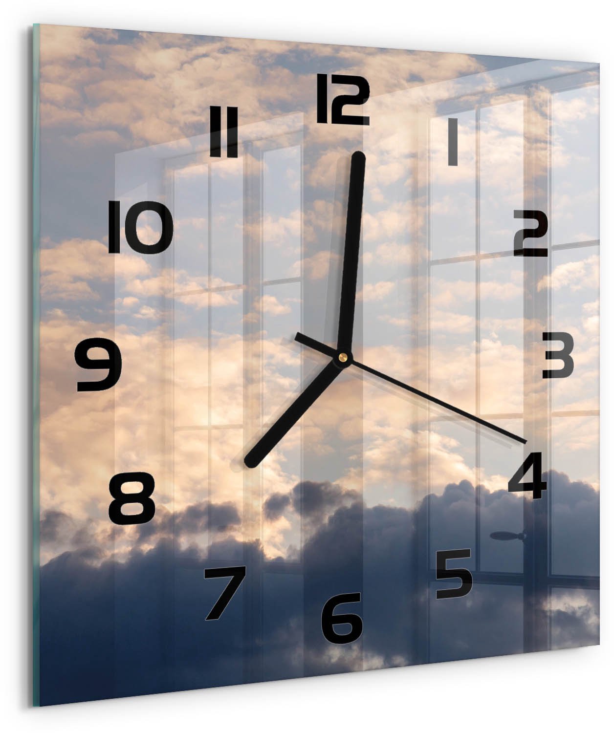 Tulup Wandklok - Wolken aan de hemel Klok Glas Met Opdruk - 30x30 cm - Blauw Moderne Wandklok Glas - Zwarte handen - Vierkante Klok - Decoratieve Glazen Klok - Glazen Wandklok Design