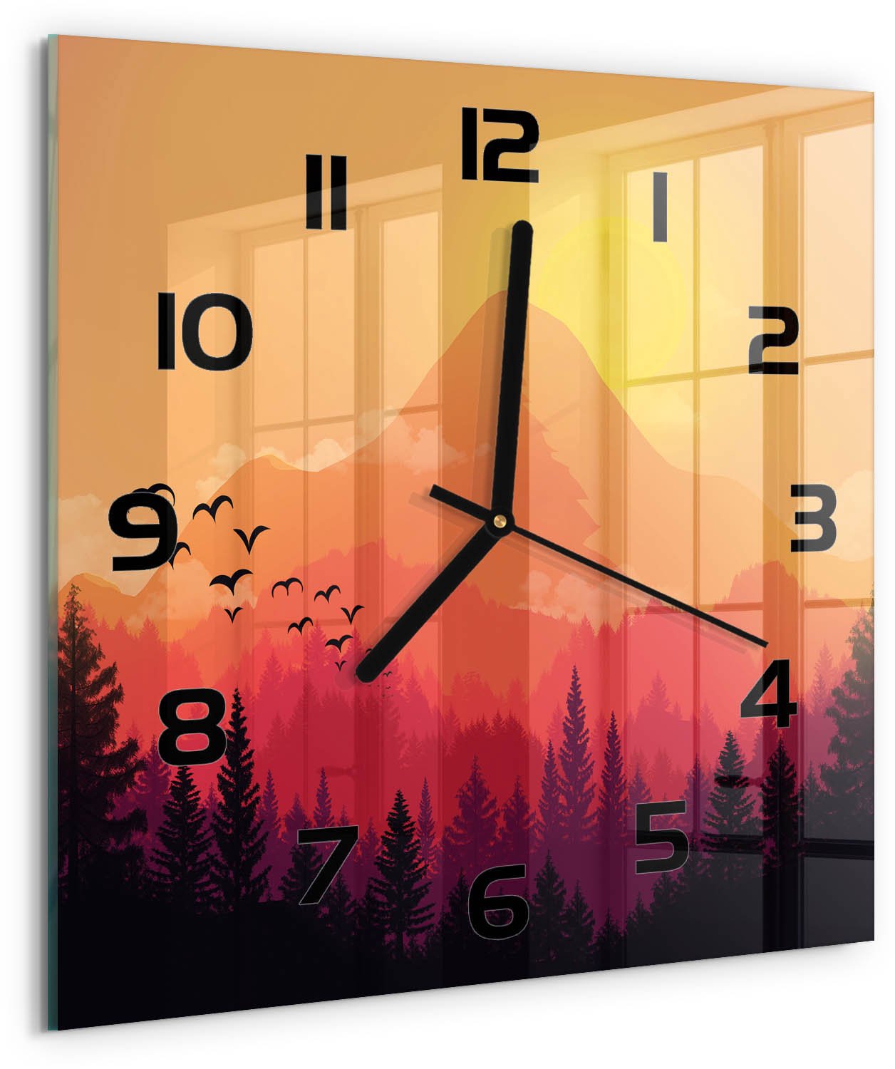Tulup Wandklok - Berglandschap Glazen Klok Met Print - 30x30 cm - Oranje Wandklok Glas Met Motief - Zwarte handen - Vierkante Klok - Wandklok Glas Decoratie - Gekleurde Glazen Klok