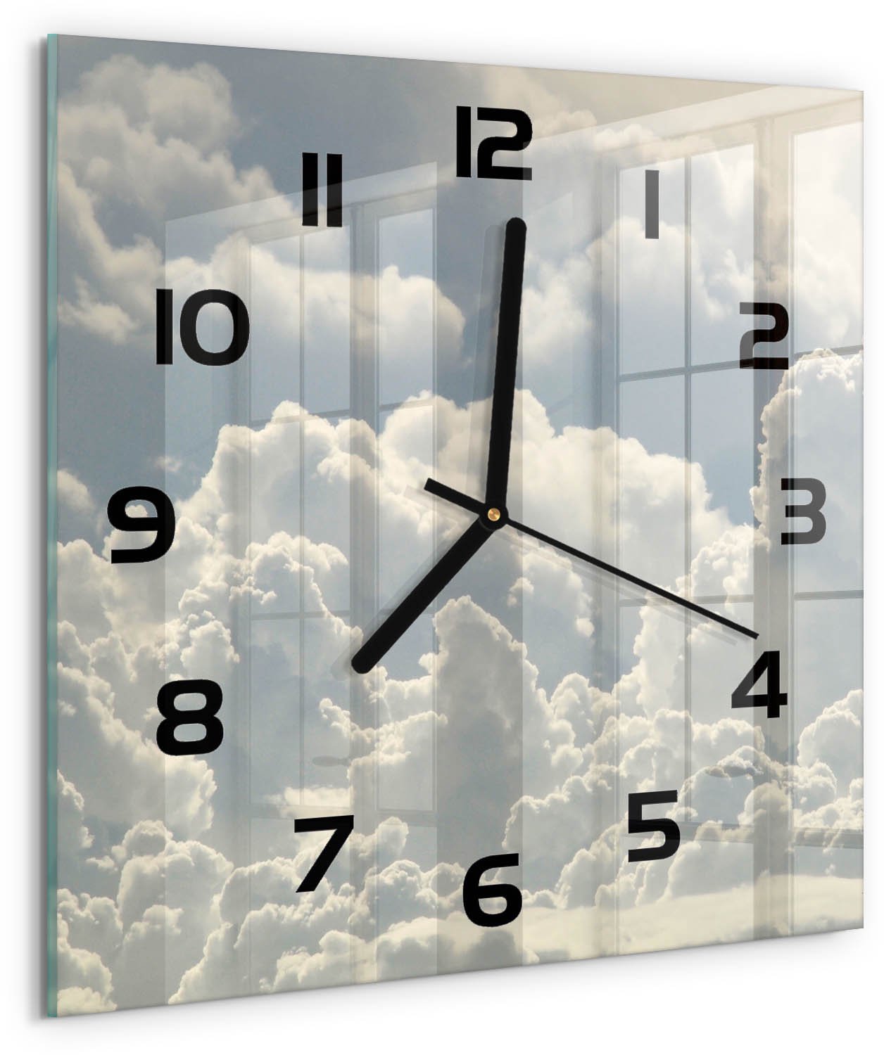 TULUP Wandklok - Wolken Klok Glas Met Opdruk - 30x30 cm - Wit Moderne Wandklok Glas - Zwarte handen - Vierkante Klok - Decoratieve Glazen Klok - Glazen Wandklok Design