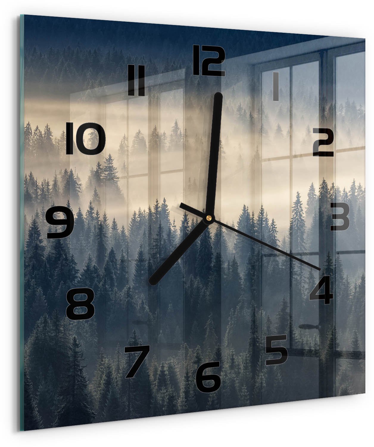 Tulup Wandklok - Mist boven het bos Wandklok Glas Met Motief - 30x30 cm - Grijs Decoratieve Glazen Klok - Zwarte handen - Vierkante Klok - Gekleurde Glazen Klok - Glazen Klok Met Print