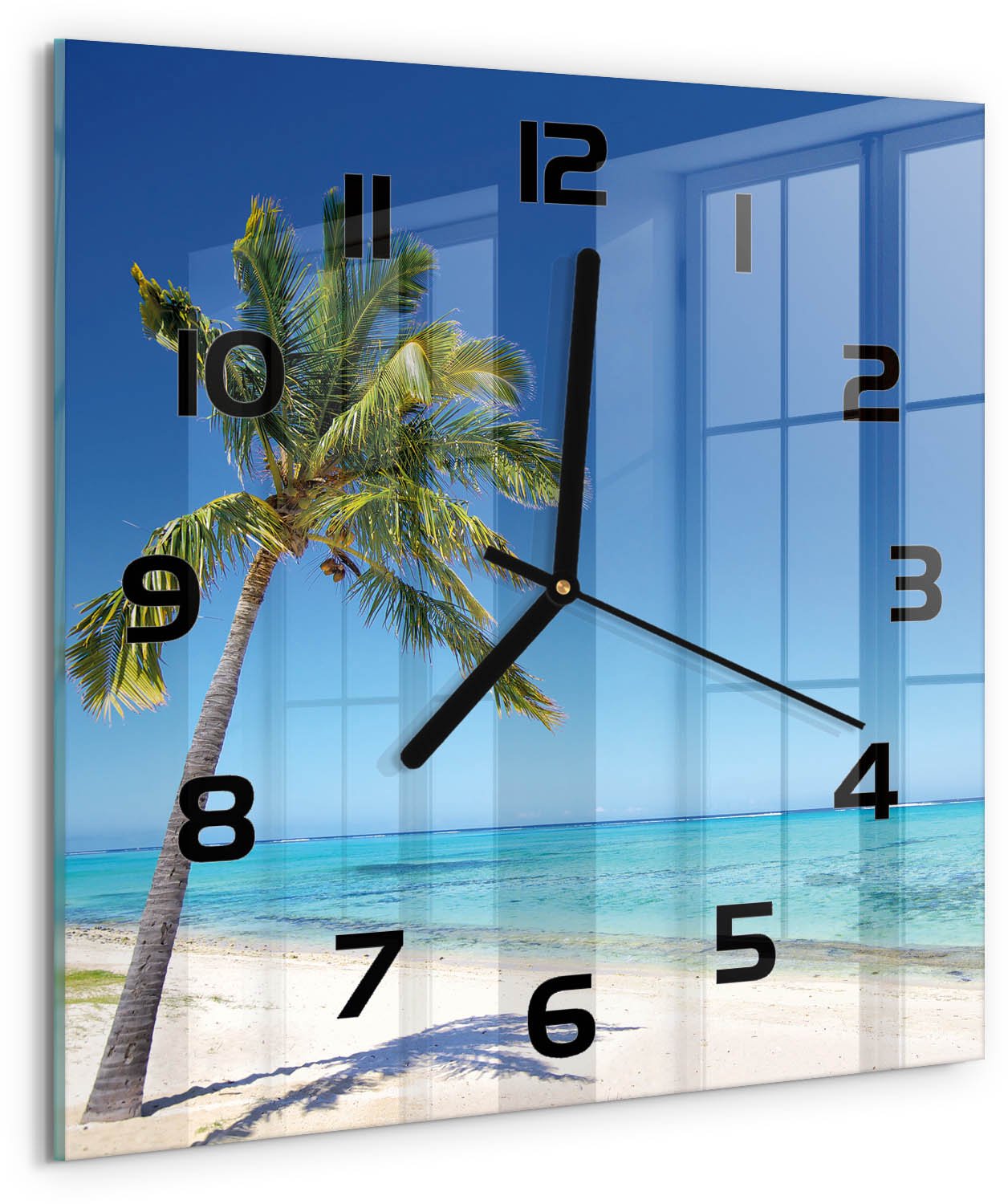 Tulup Wandklok - Tropisch strand Glazen Klok Met Print - 30x30 cm - Blauw Wandklok Glas Met Motief - Zwarte handen - Vierkante Klok - Wandklok Glas Decoratie - Gekleurde Glazen Klok