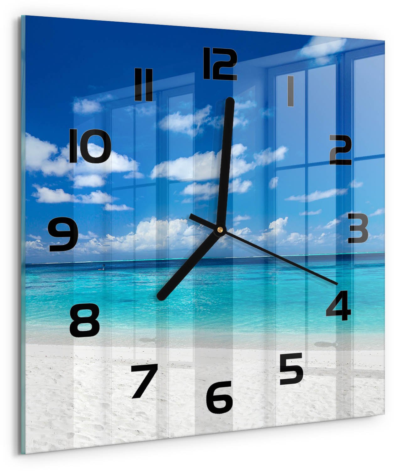Tulup Wandklok - Tropisch strand Glazen Klok Met Print - 30x30 cm - Blauw Wandklok Glas Met Motief - Zwarte handen - Vierkante Klok - Wandklok Glas Decoratie - Gekleurde Glazen Klok