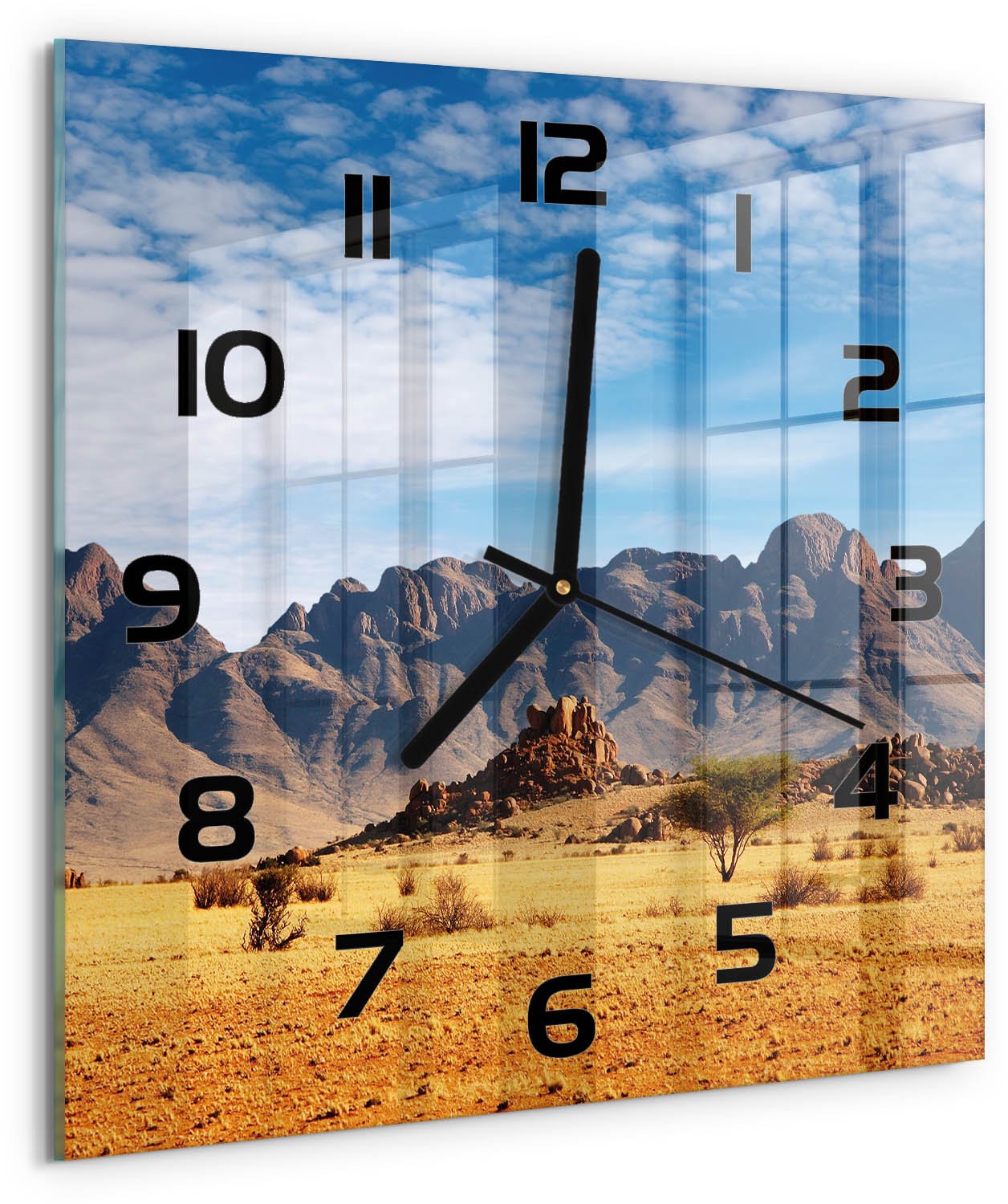 Tulup Wandklok - Rotsen in Namibië Glazen Wandklok Design - 30x30 cm - Oranje Klok Glas Met Opdruk - Zwarte handen - Vierkante Klok - Wandklok Glas Met Motief - Decoratieve Glazen Klok