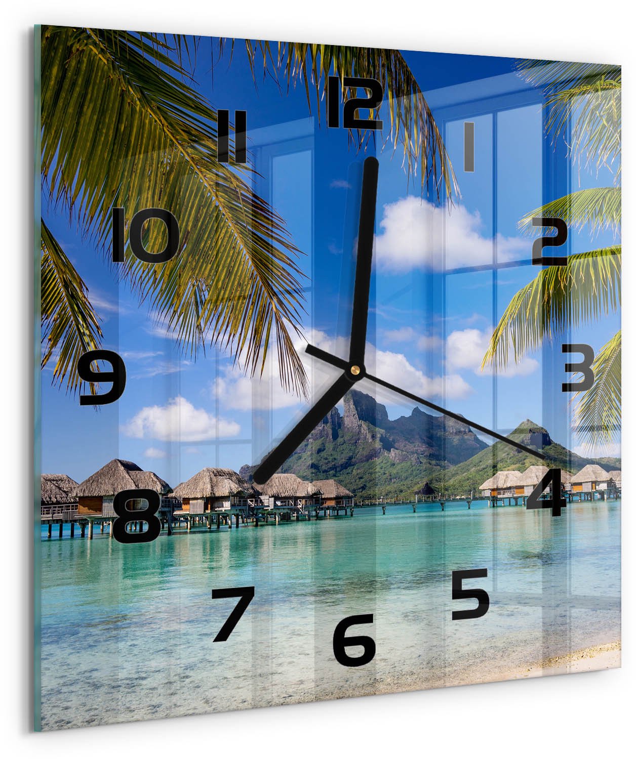 TULUP Wandklok - Palmbomen in Bora Bora Glazen Wandklok Design - 30x30 cm - Veelkleurig Klok Glas Met Opdruk - Zwarte handen - Vierkante Klok - Wandklok Glas Met Motief - Decoratieve Glazen Klok