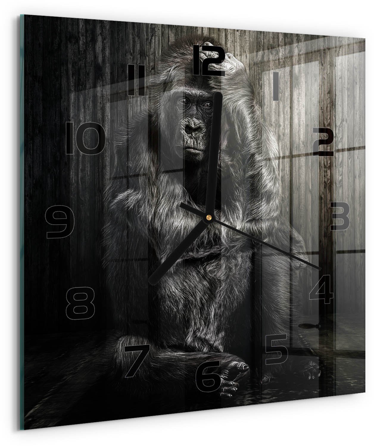 TULUP Wandklok - Gorilla Klok Glas Met Opdruk - 30x30 cm - Zwart Moderne Wandklok Glas - Zwarte handen - Vierkante Klok - Decoratieve Glazen Klok - Glazen Wandklok Design