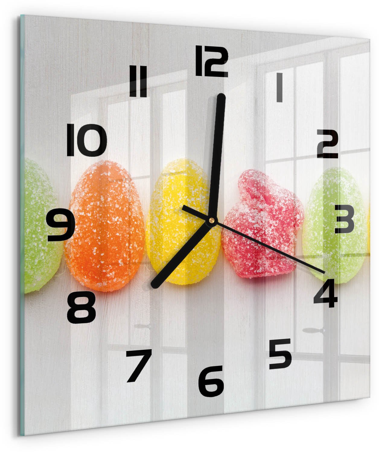 TULUP Wandklok - Kleurrijke Jelly Beans Klok Glas Met Opdruk - 30x30 cm - Veelkleurig Moderne Wandklok Glas - Zwarte handen - Vierkante Klok - Decoratieve Glazen Klok - Glazen Wandklok Design