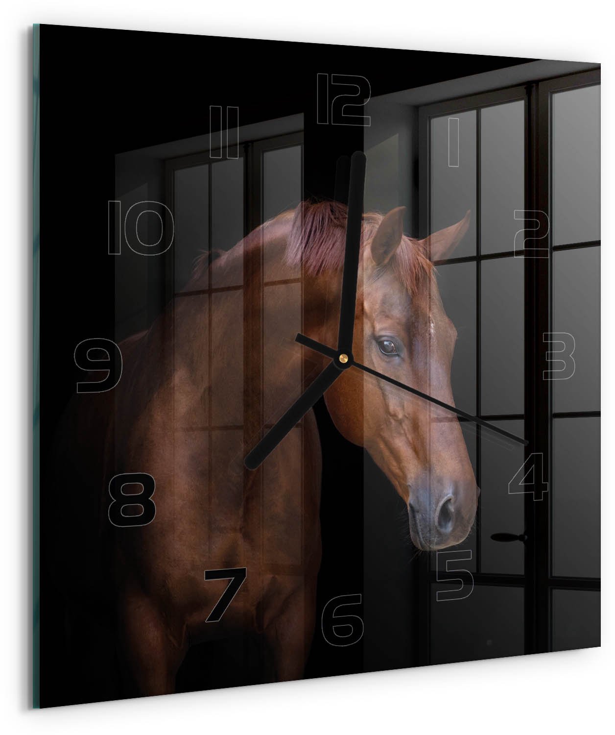 TULUP Wandklok - Bruin Paard Klok Glas Met Opdruk - 30x30 cm - Bruin Moderne Wandklok Glas - Zwarte handen - Vierkante Klok - Decoratieve Glazen Klok - Glazen Wandklok Design