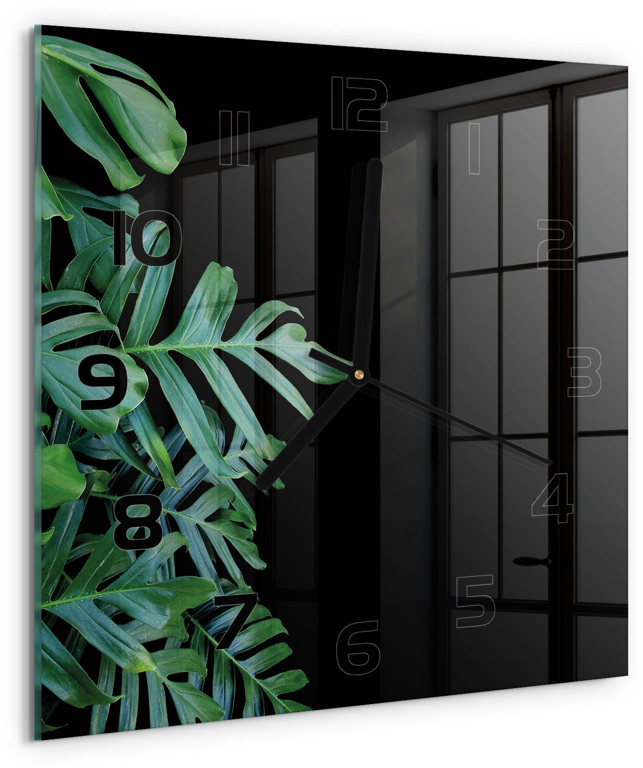 TULUP Wandklok - Monstera Glazen Klok Met Print - 30x30 cm - Groente Wandklok Glas Met Motief - Zwarte handen - Vierkante Klok - Wandklok Glas Decoratie - Gekleurde Glazen Klok