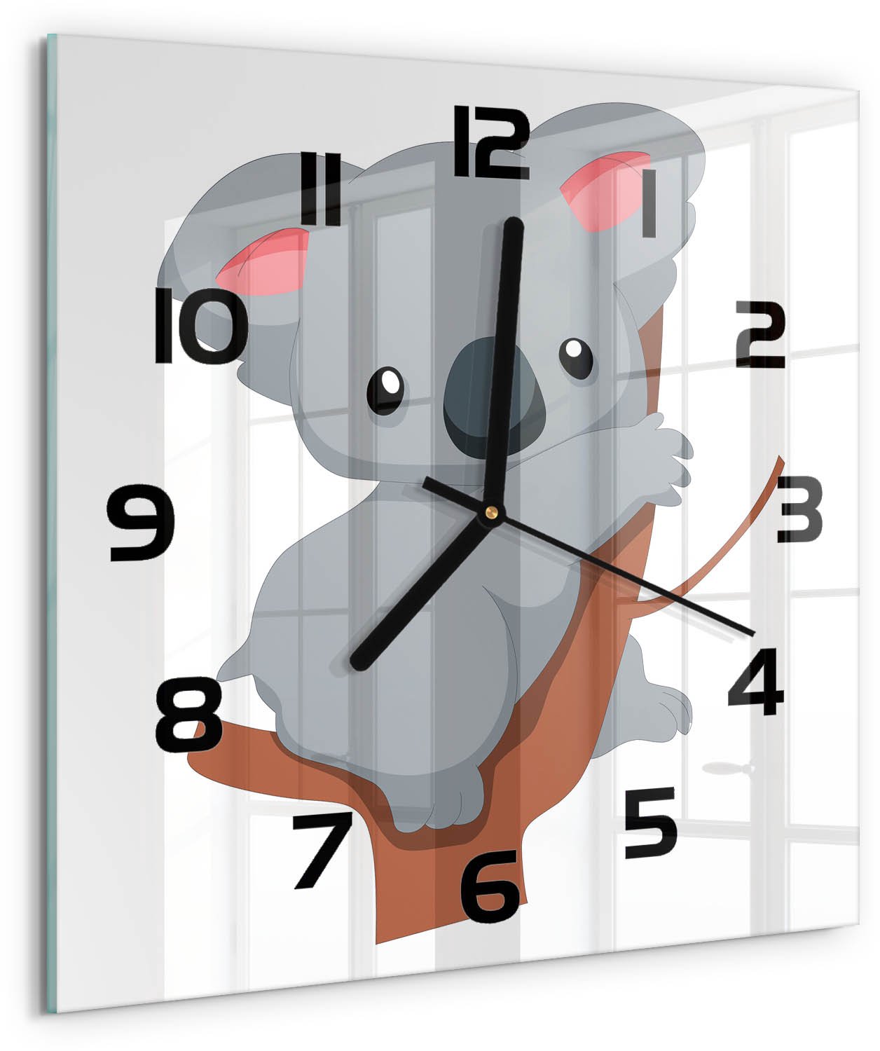 TULUP Wandklok - Koala in een boom Glazen Klok Met Print - 30x30 cm - Grijs Wandklok Glas Met Motief - Zwarte handen - Vierkante Klok - Wandklok Glas Decoratie - Gekleurde Glazen Klok