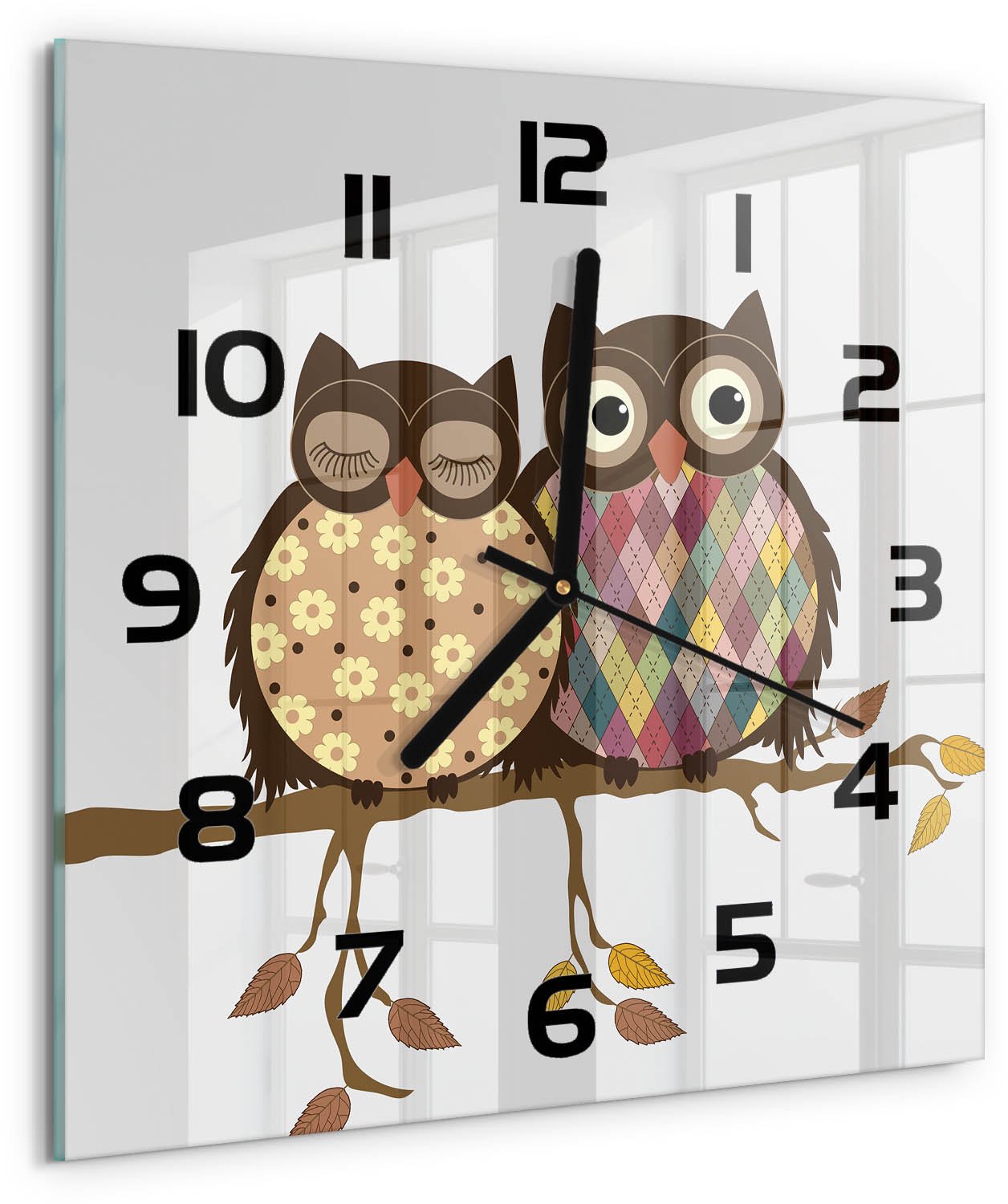 TULUP Wandklok - Twee uilen op een tak Glazen Klok Met Print - 30x30 cm - Bruin Wandklok Glas Met Motief - Zwarte handen - Vierkante Klok - Wandklok Glas Decoratie - Gekleurde Glazen Klok