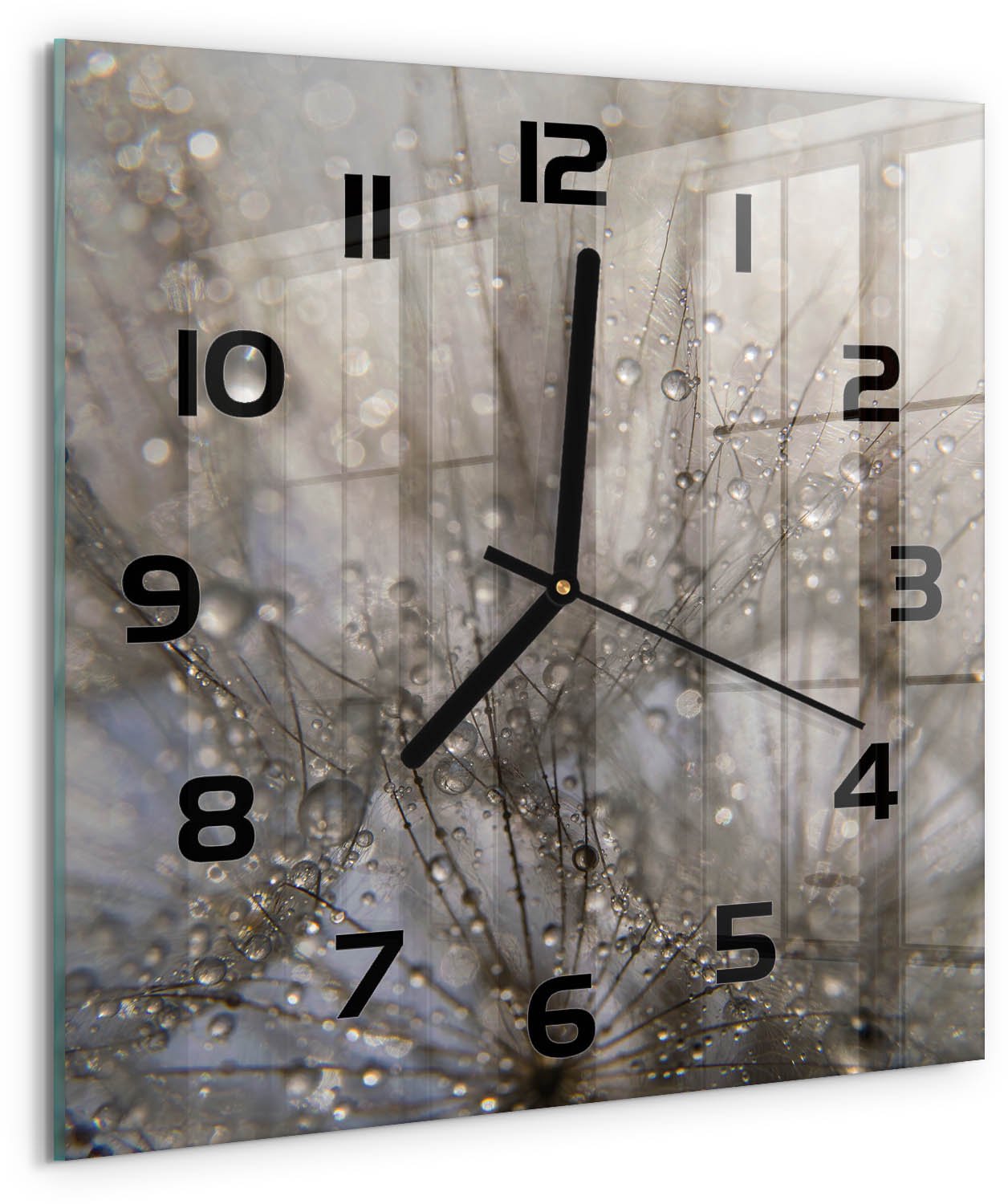 TULUP Wandklok - Paardenbloemzaden Glazen Wandklok Design - 30x30 cm - Wit Klok Glas Met Opdruk - Zwarte handen - Vierkante Klok - Wandklok Glas Met Motief - Decoratieve Glazen Klok