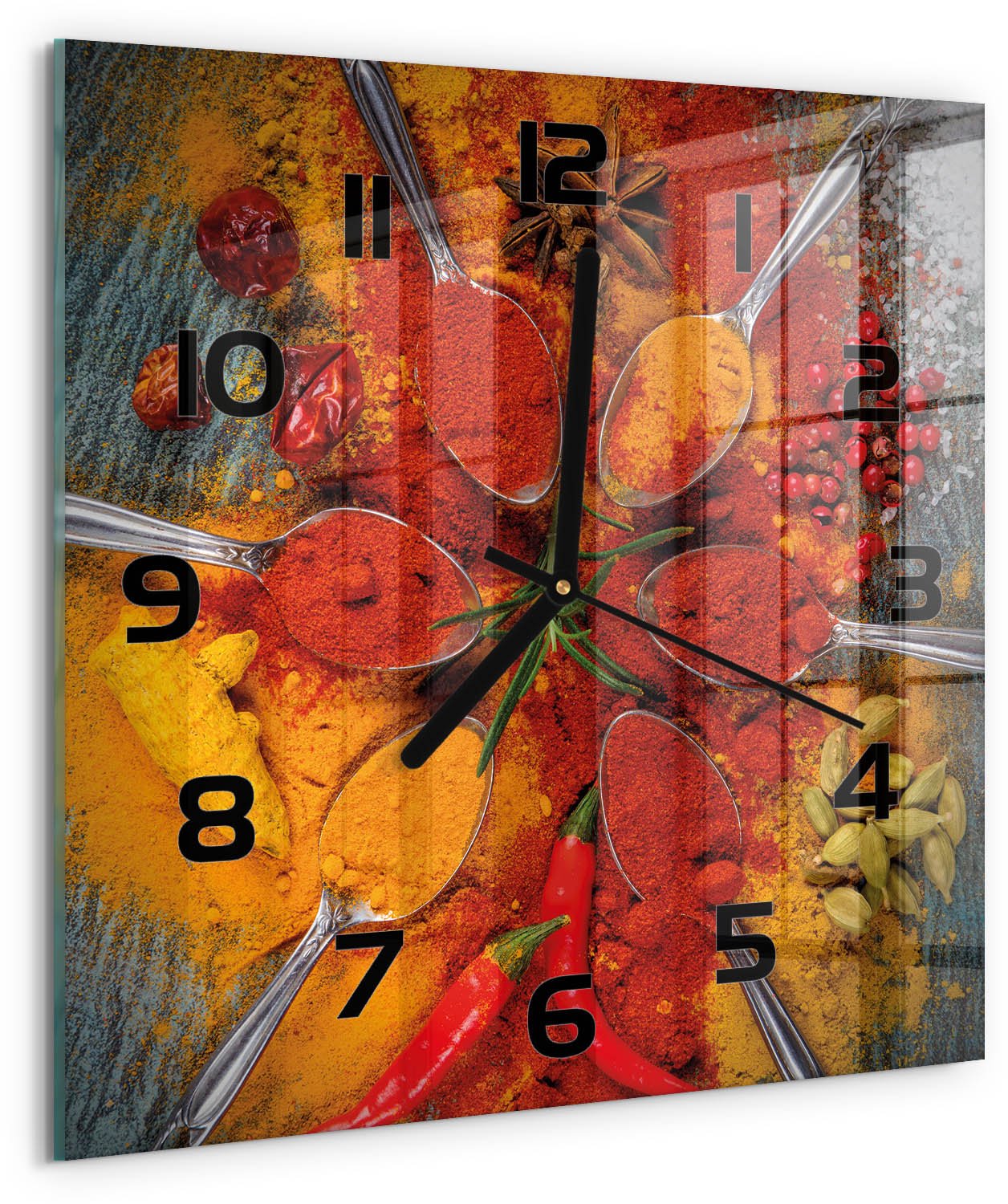 TULUP Wandklok - Specerijen Gekleurde Glazen Klok - 30x30 cm - Rood Glazen Klok Met Print - Zwarte handen - Vierkante Klok - Moderne Wandklok Glas - Wandklok Glas Decoratie
