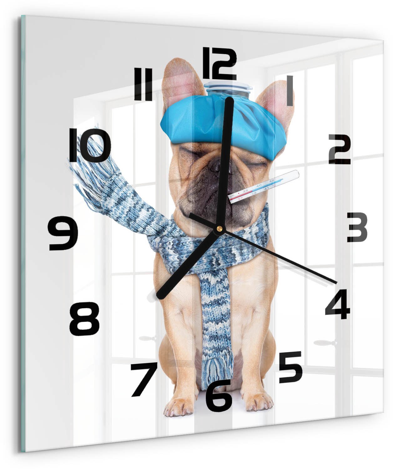 TULUP Wandklok - Zieke hond Glazen Klok Met Print - 30x30 cm - Blauw Wandklok Glas Met Motief - Zwarte handen - Vierkante Klok - Wandklok Glas Decoratie - Gekleurde Glazen Klok